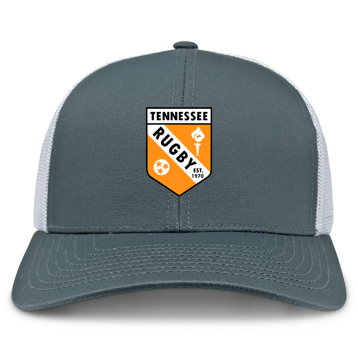 The EMB S&S Activewear University of Tennessee Retro Trucker Cap features a gray and white design, a front Tennessee Rugby logo patch, and an adjustable snapback closure.