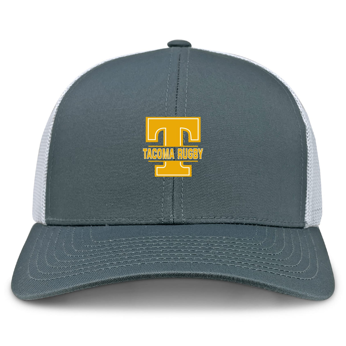 The Tacoma Tsunami Rugby Retro Trucker Cap by EMB S&S Activewear features a gray and white design, an embroidered yellow "TACOMA RUGBY" logo with a bold "T" on the front, and a classic snapback closure.