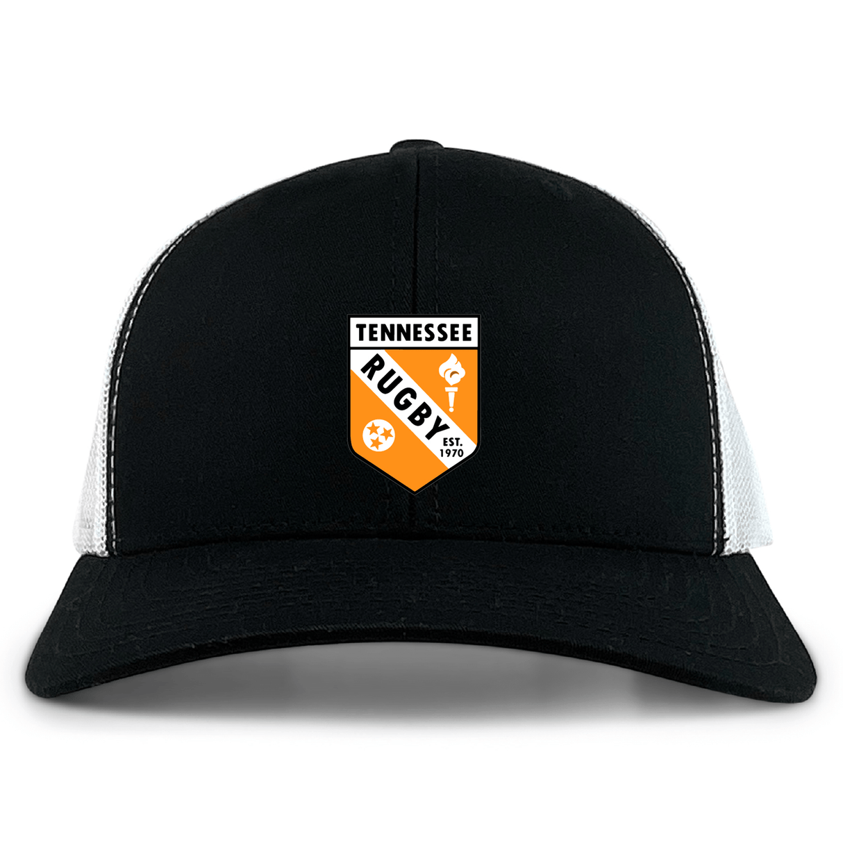 The University of Tennessee Retro Trucker Cap by EMB S&S Activewear features a black and white design with the Tennessee Rugby logo in orange, black, and white on the front, plus an embroidered finish and adjustable snapback closure.