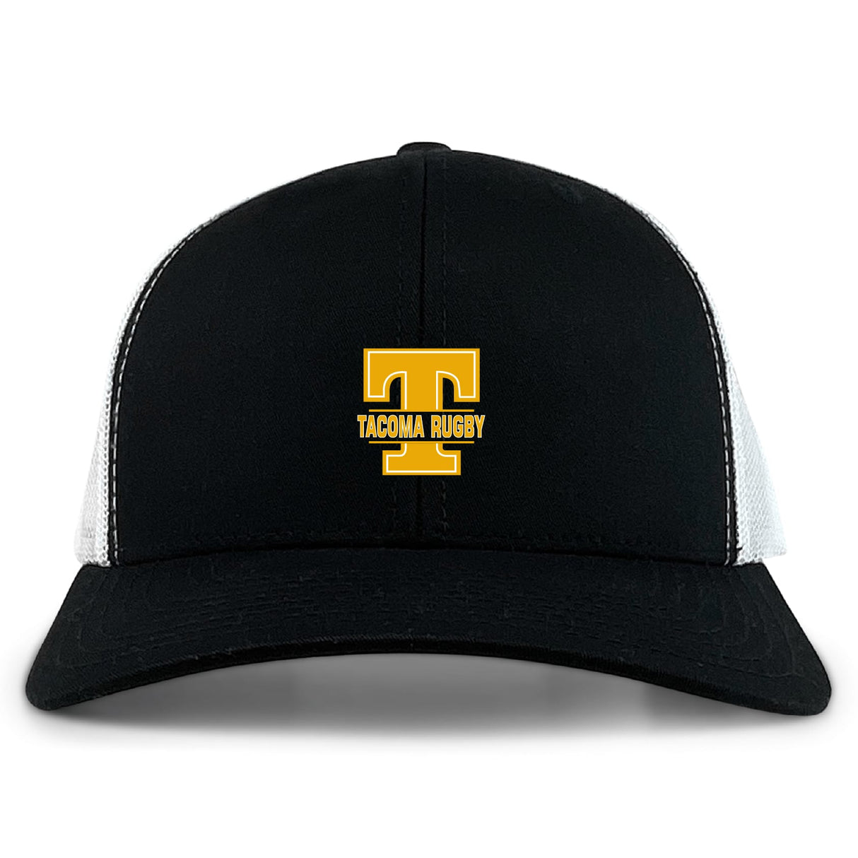 The Tacoma Tsunami Rugby Retro Trucker Cap by EMB S&S Activewear is a black and white trucker hat with a yellow embroidered "T" logo, "Tacoma Rugby" on the front, and an adjustable snapback closure.