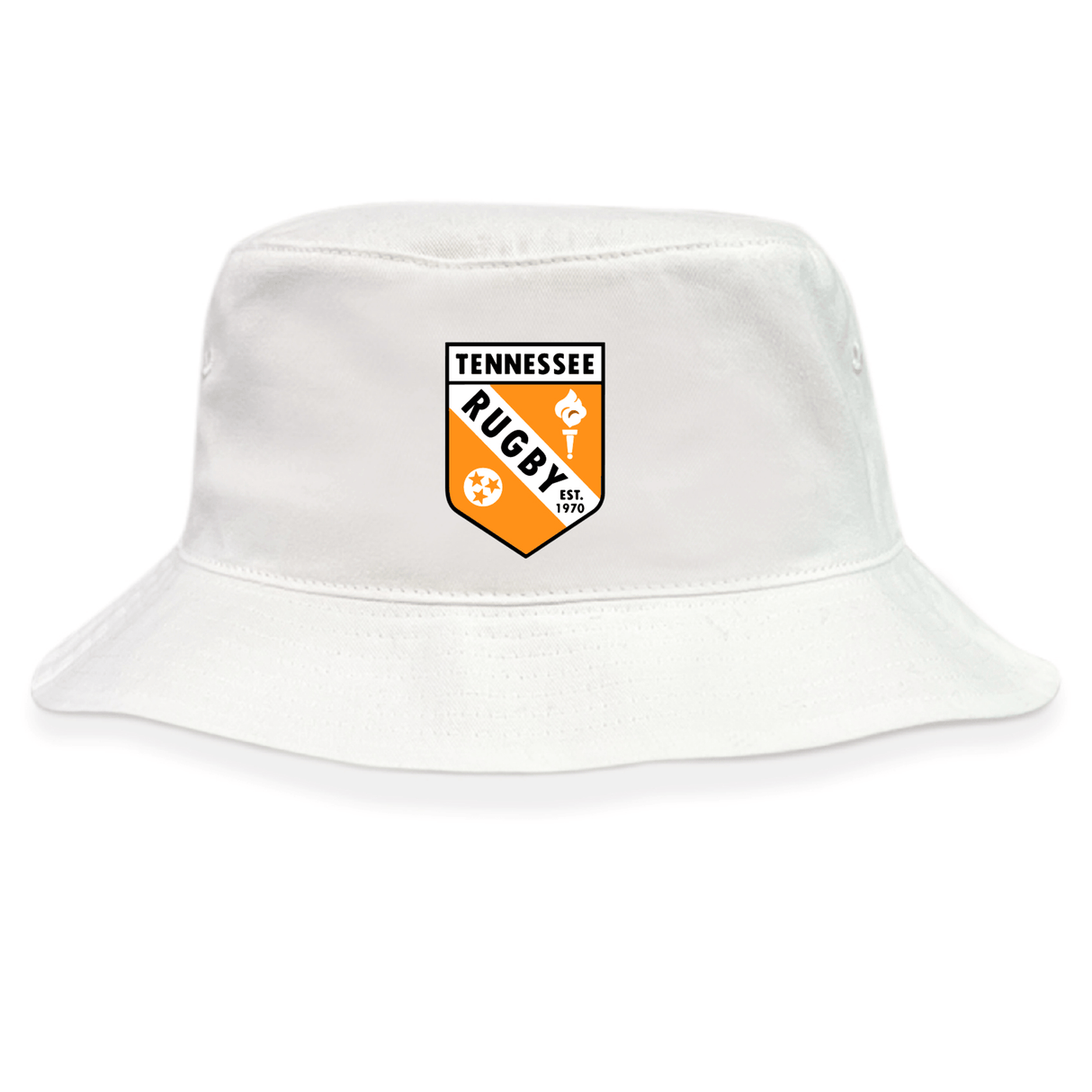 The University of Tennessee Crusher Bucket Cap by EMB S&S Activewear is a custom cotton twill hat featuring the Tennessee Rugby club logo with bold orange and black accents on the front.
