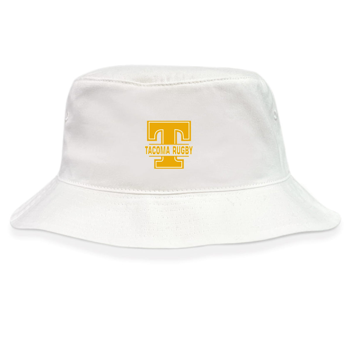 The EMB S&S Activewear Tacoma Tsunami Rugby Crusher Bucket Cap is a cotton twill hat featuring a yellow "T" and "Tacoma Rugby" on the front, offering classic style and dependable sun protection.