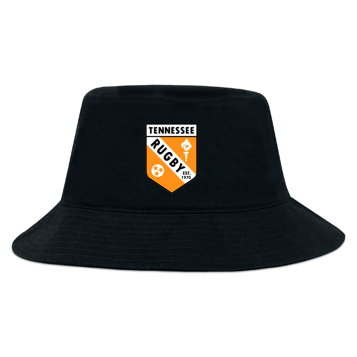 The EMB S&S Activewear University of Tennessee Crusher Bucket Cap is a black cotton twill hat with an orange, white, and black Tennessee Rugby crest—ideal as a custom-made cap for fans and players.