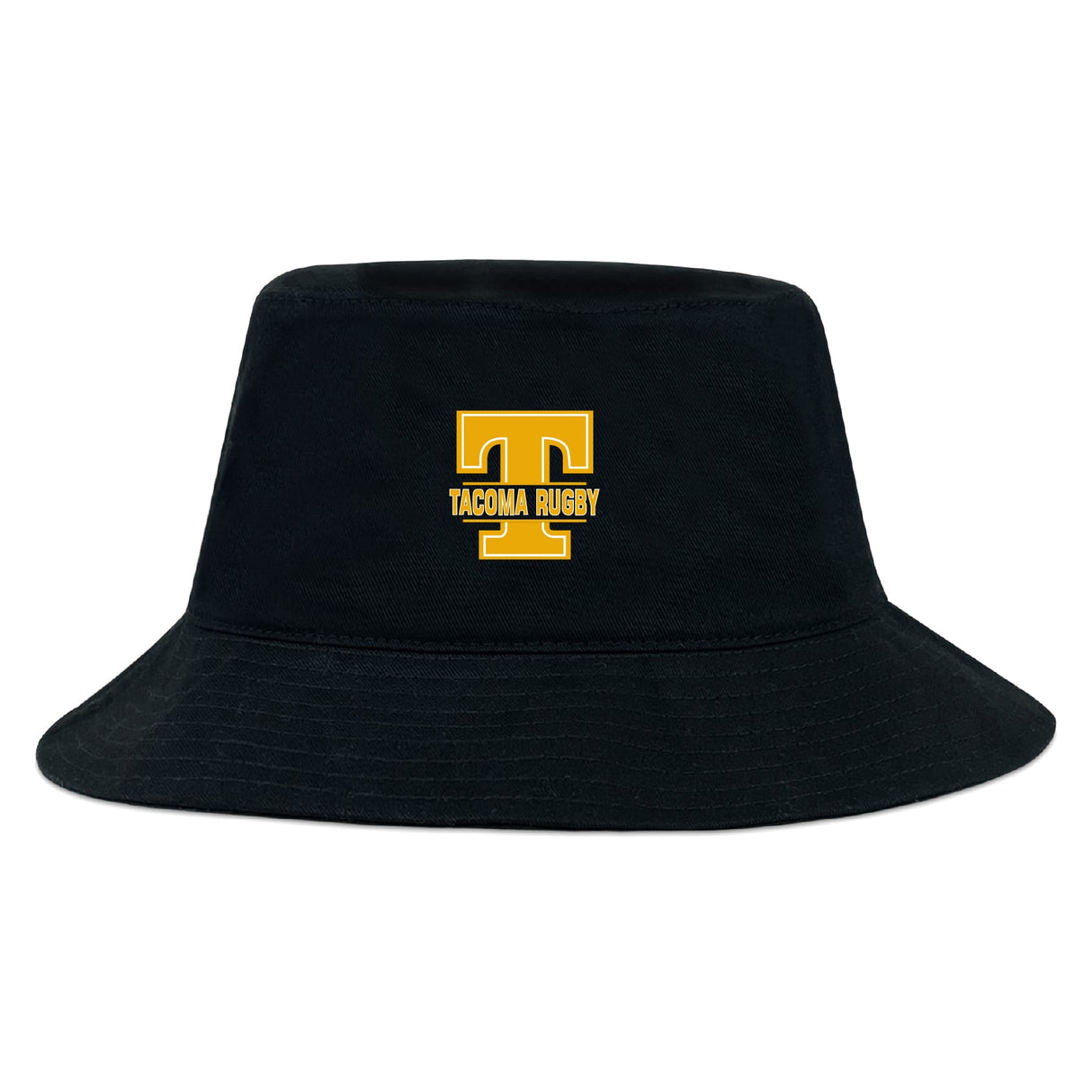 The EMB S&S Activewear Tacoma Tsunami Rugby Crusher Bucket Cap is a black cotton twill hat with a bold yellow "T" and "Tacoma Rugby" embroidered on the front, providing stylish sun protection for rugby fans.