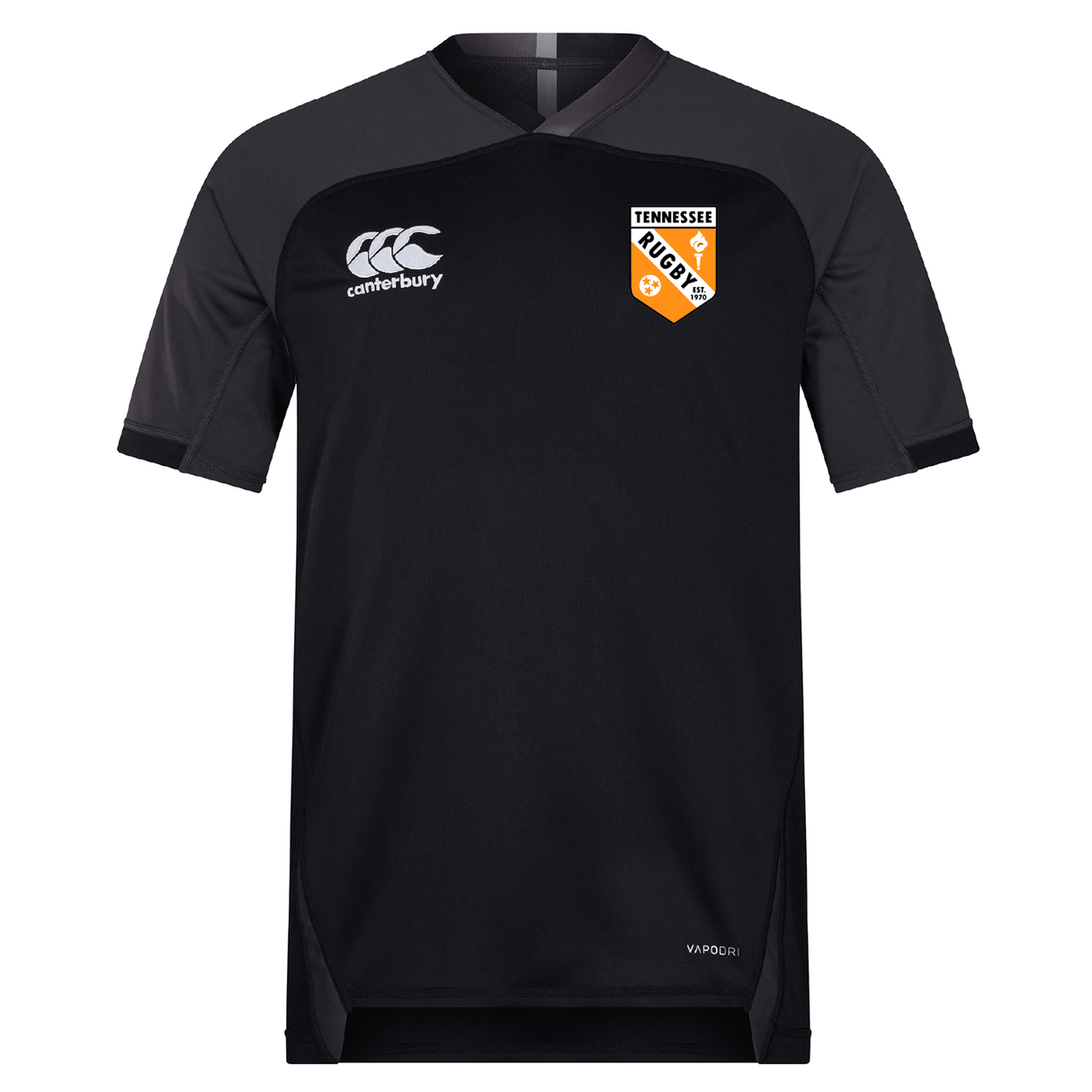 The University of Tennessee Vapodri Evader Jersey by Canterbury features short sleeves, moisture-wicking Vapodri tech, the EMB Canterbury logo on the right chest, and a Tennessee Rugby badge on the left chest.