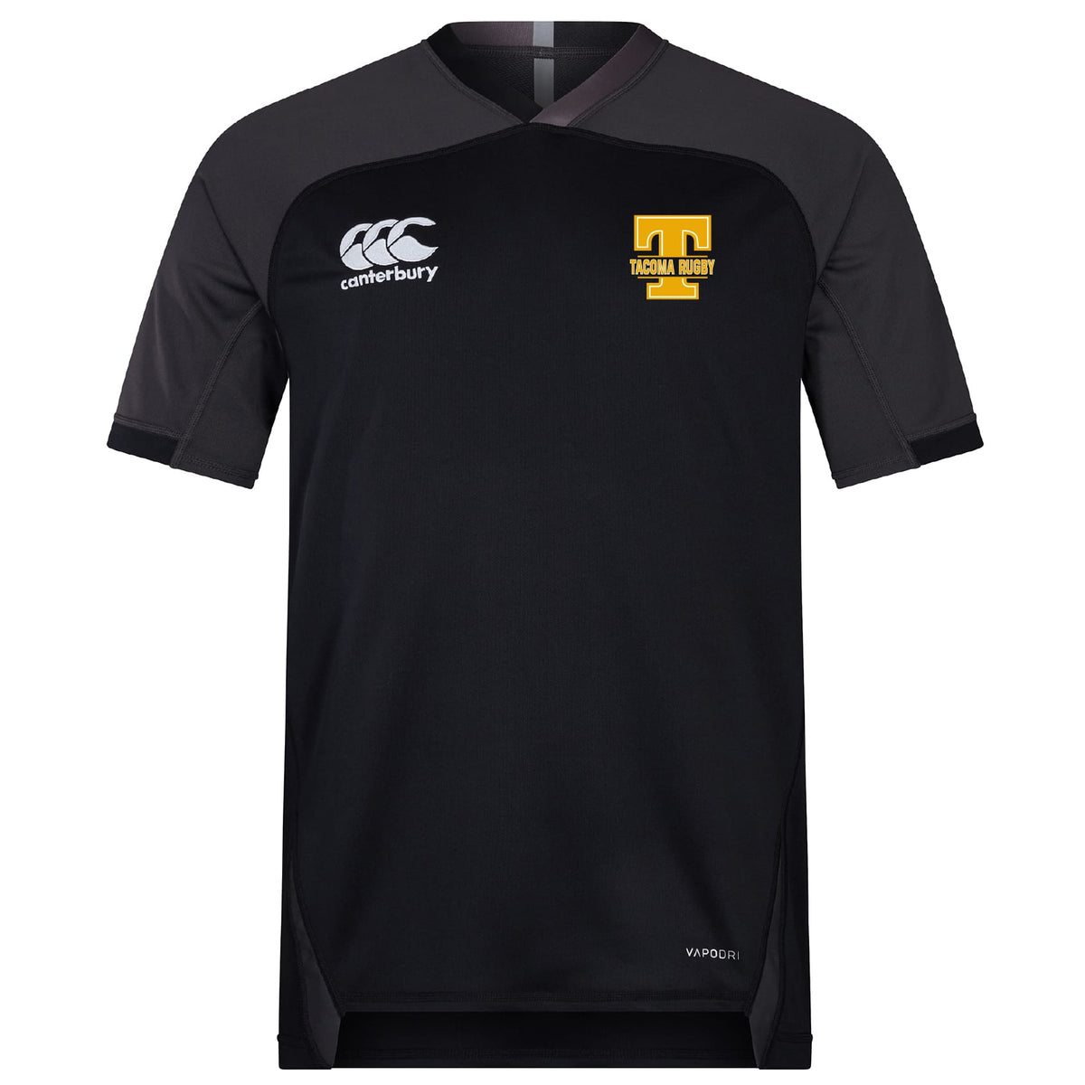 The EMB Canterbury Tacoma Tsunami Rugby Vapodri Evader Jersey is black, features moisture-wicking technology, a yellow "Tacoma Rugby" logo on the left chest, and a white Canterbury logo on the right.