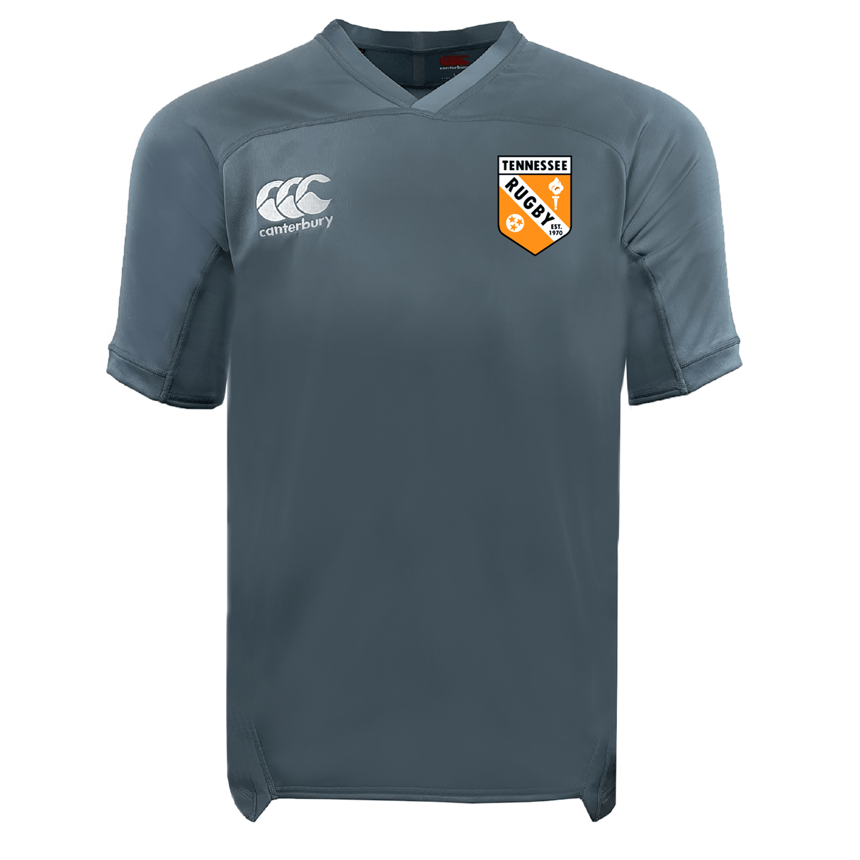The EMB Canterbury University of Tennessee Vapodri Evader Jersey is a plain gray rugby jersey with moisture-wicking tech, featuring the Canterbury logo on the right chest and a Tennessee Rugby club badge on the left chest.