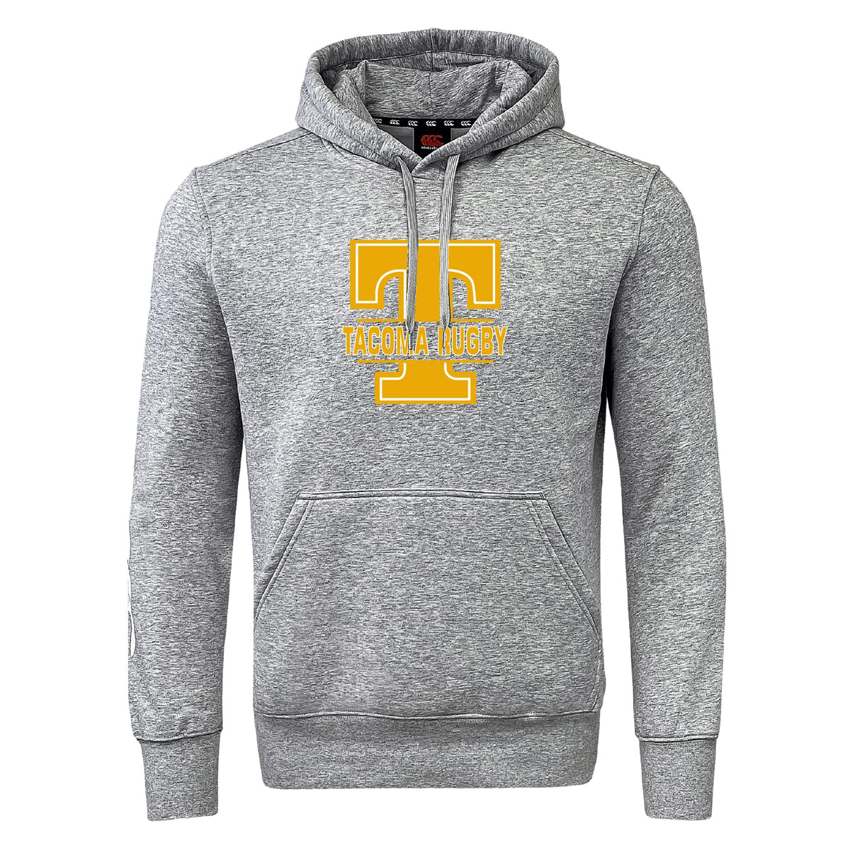 The Tacoma Tsunami Rugby Club Hoodie by WRS Canterbury is a gray hoodie with a front pocket, featuring a large yellow "T" and "Tacoma Rugby" in yellow printed on the chest.