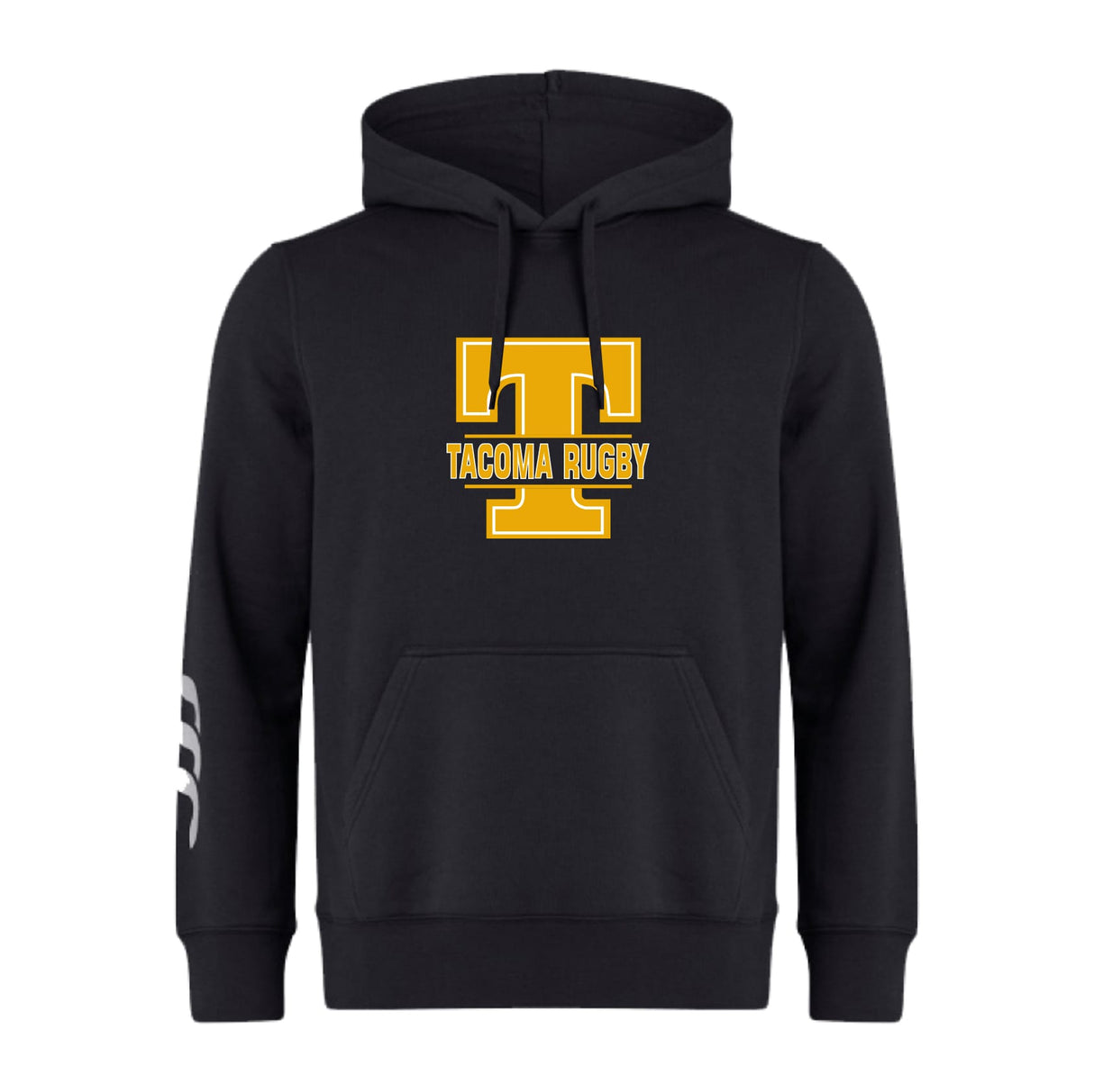 The Tacoma Tsunami Rugby Club Hoodie by WRS Canterbury features a black design with a large yellow "T" and "Tacoma Rugby" on the chest, plus a white stripe on the left sleeve—a classic rugby hoodie for fans and players.
