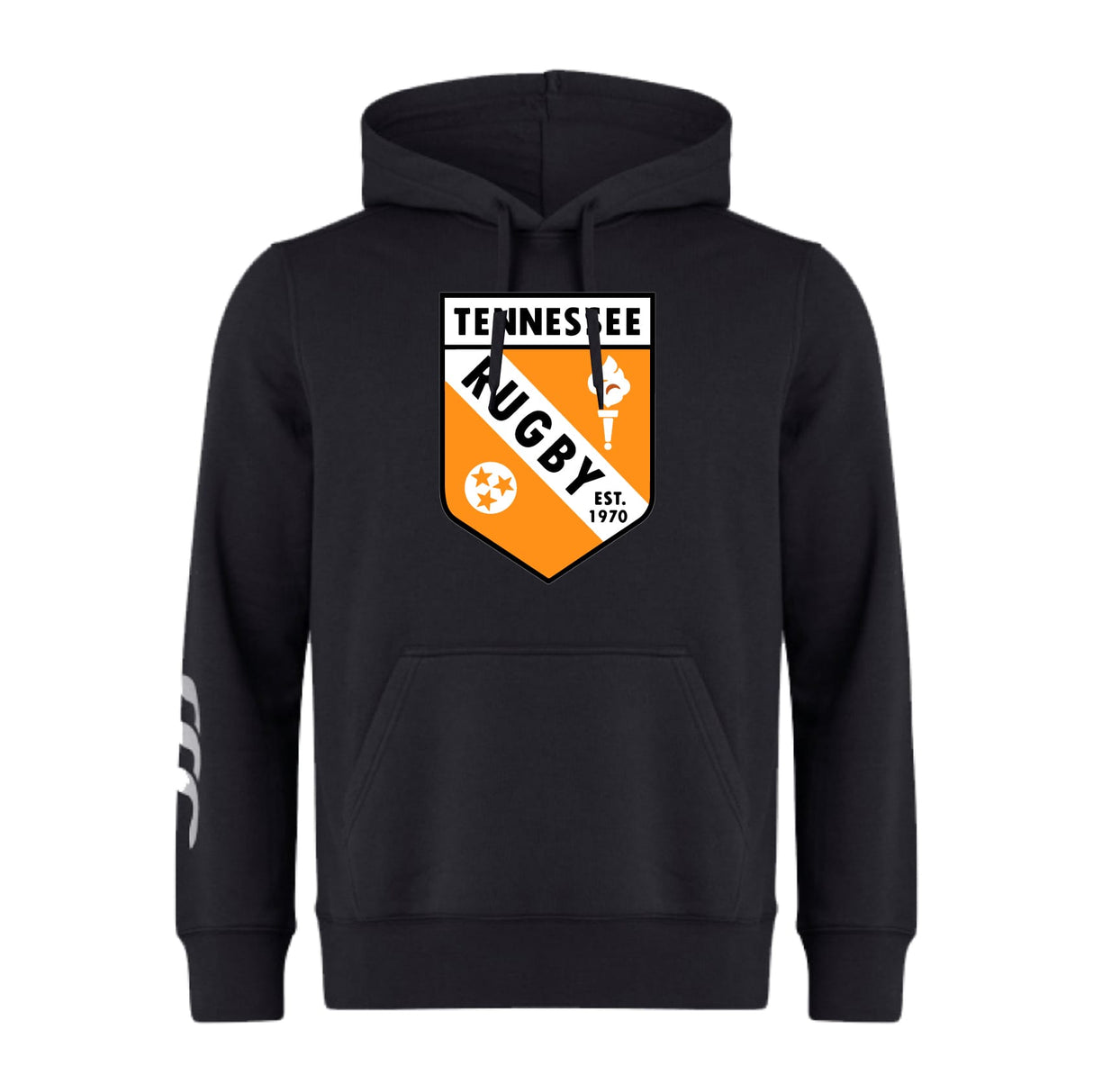 The University of Tennessee Club Hoodie by WRS Canterbury features a black design with a large "Tennessee Rugby" orange and white crest, rugby player graphic, and "Est. 1970" on the front.
