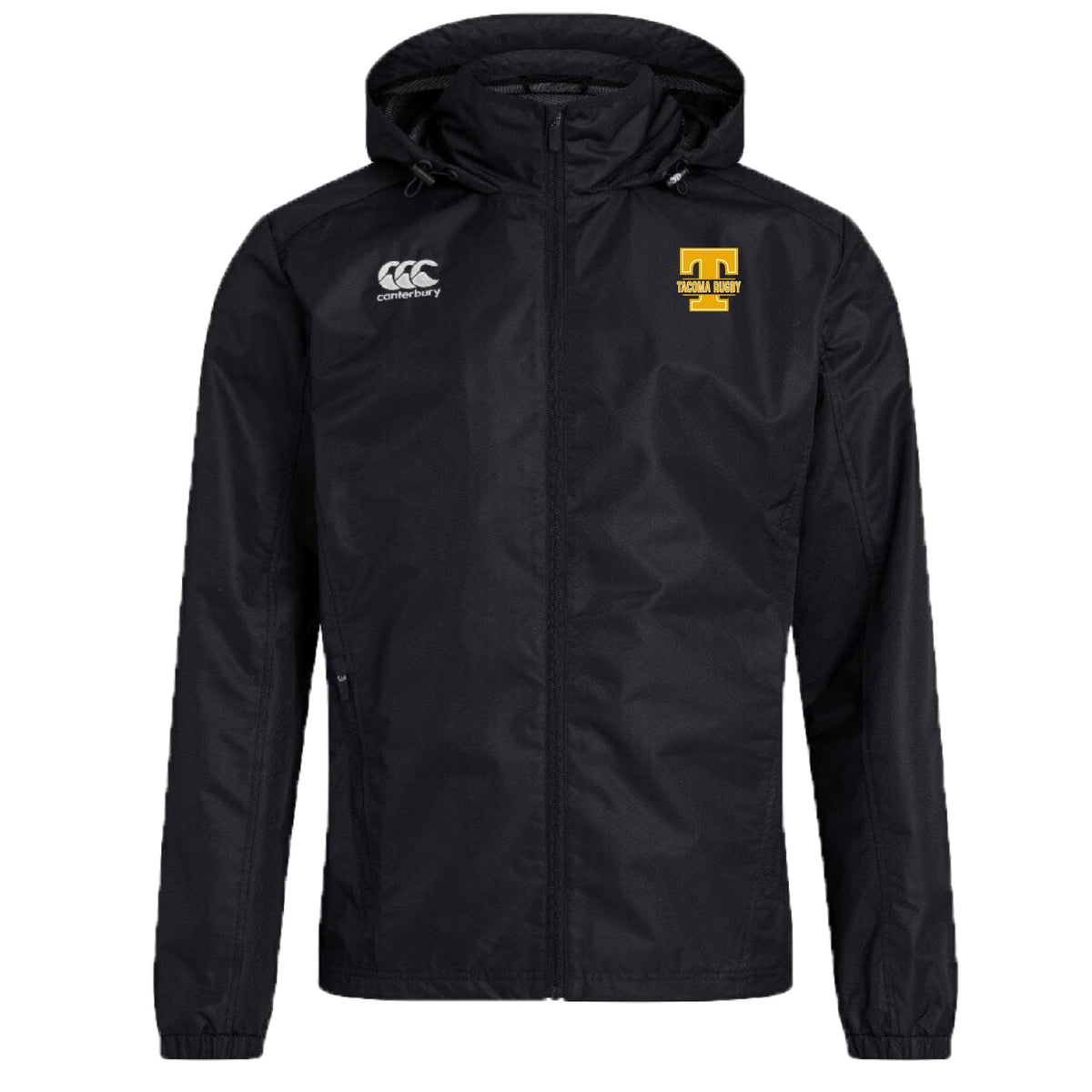The Tacoma Tsunami Rugby Club Vaposhield Full Zip Rain Jacket by EMB Canterbury is a black hooded rain jacket with VapoShield water resistance, featuring the Canterbury logo on the right chest and a yellow "T" with "Texas State" on the left.