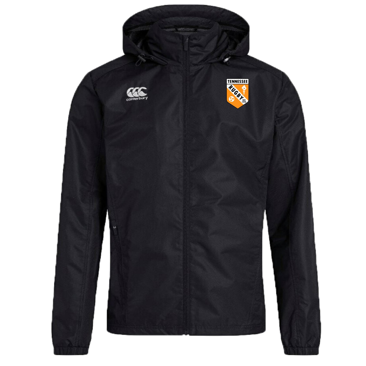 The University of Tennessee Club Vaposhield Full Zip Rain Jacket by EMB Canterbury features a black design, hood, zip front, right-chest Canterbury logo, left-chest Tennessee Rugby badge, and VapoShield tech for water resistance.