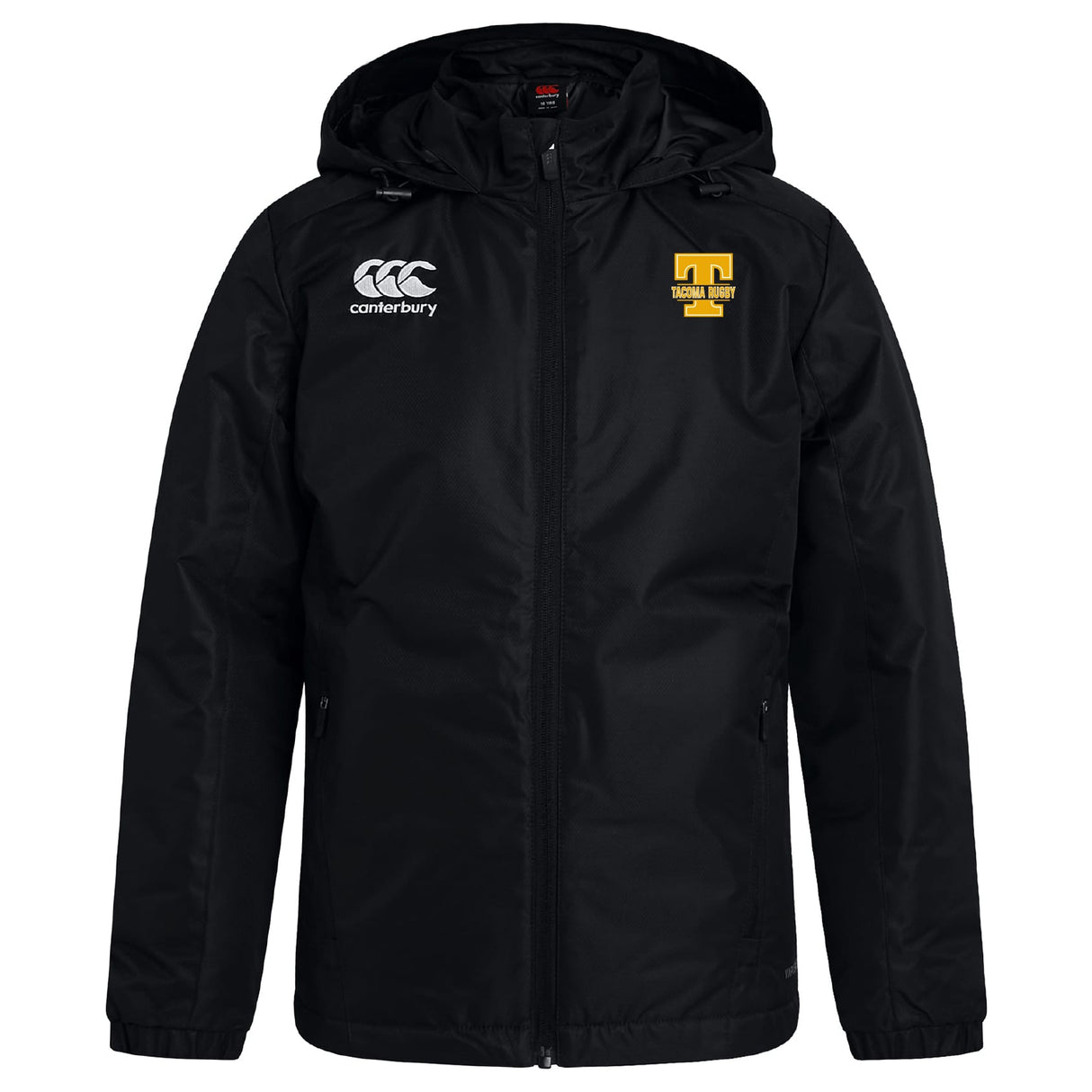 Stay dry in the Tacoma Tsunami Rugby Club Vaposhield Stadium Jacket by EMB Canterbury, featuring a zip front, white Canterbury logo on the right chest, and yellow "TIGERS RUGBY" logo on the left. Water repellent for tough weather.