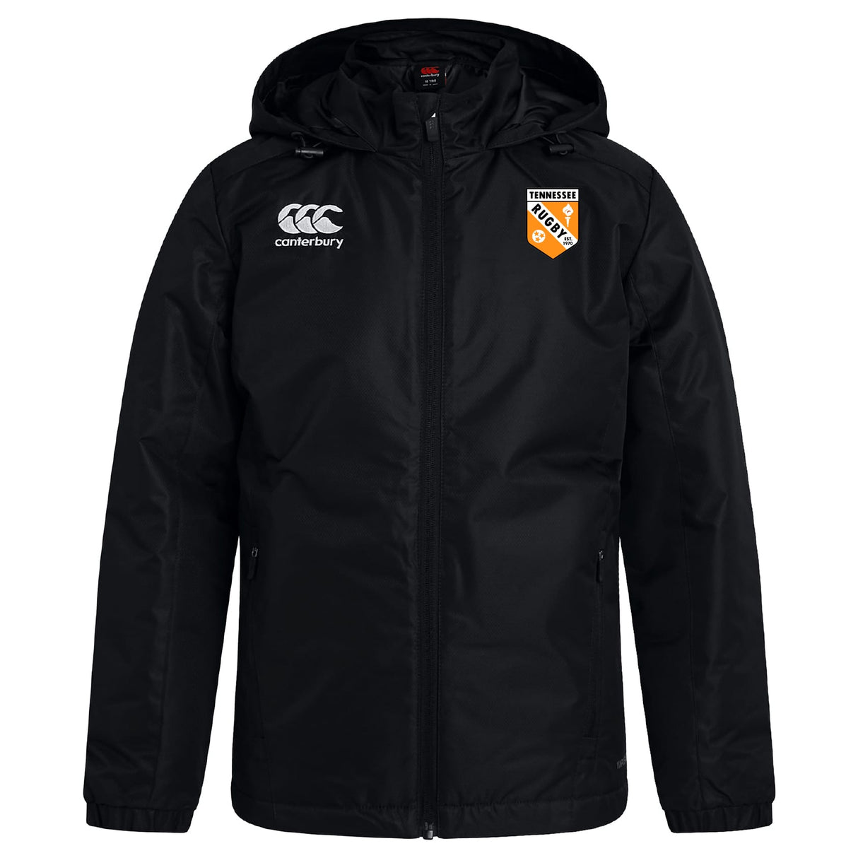 The University of Tennessee Club Vaposhield Stadium Jacket by EMB Canterbury features a front zipper, water-repellent fabric, the Canterbury logo on the right chest, and the Tennessee Soccer Club crest on the left.