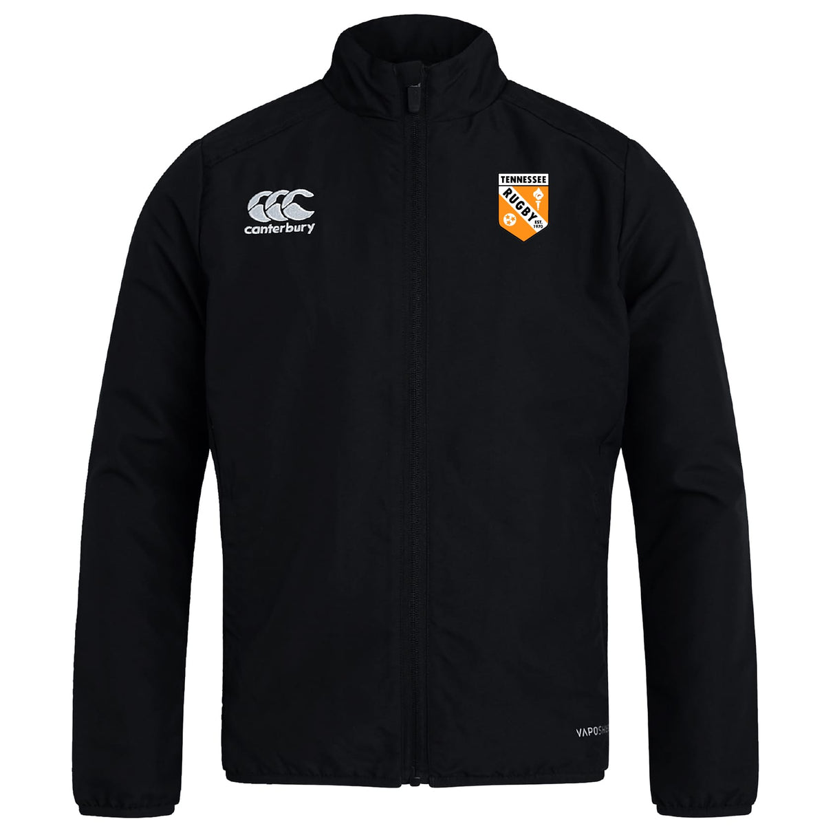 The University of Tennessee Club Track Jacket by EMB Canterbury is a black, lightweight, long-sleeve jacket featuring the Canterbury logo on the right chest and a Tennessee Rugby crest on the left—ideal for fans and players.