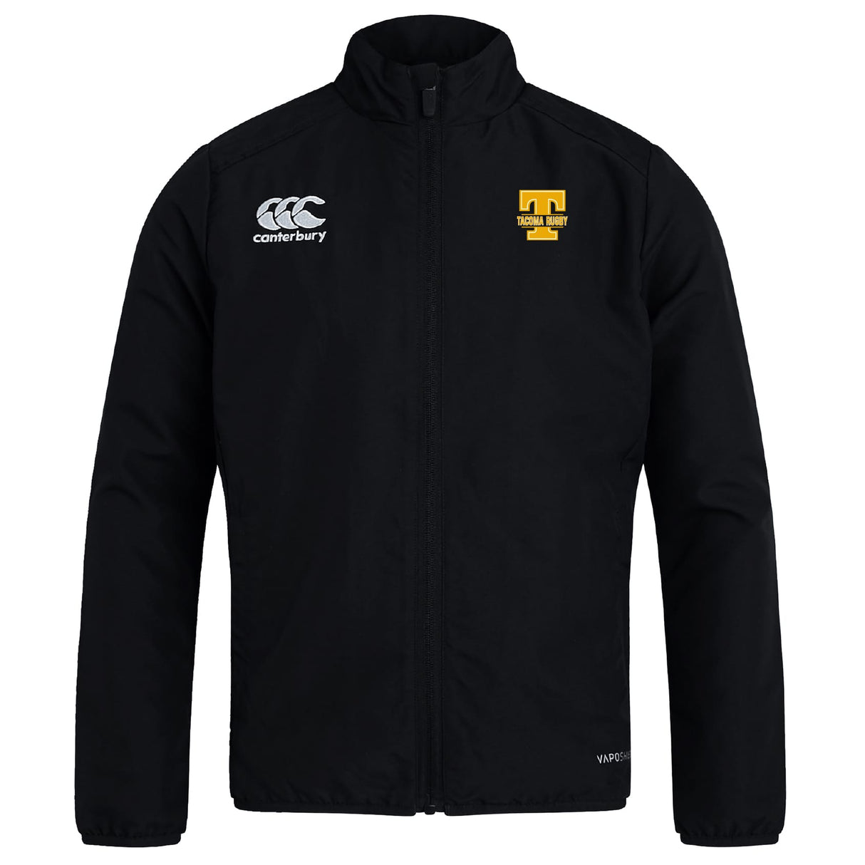 Show your club pride in the Tacoma Tsunami Rugby Club Track Jacket by EMB Canterbury, featuring a lightweight black design with the Canterbury logo on the right chest and a yellow "T" with "Tigers Rugby" on the left.