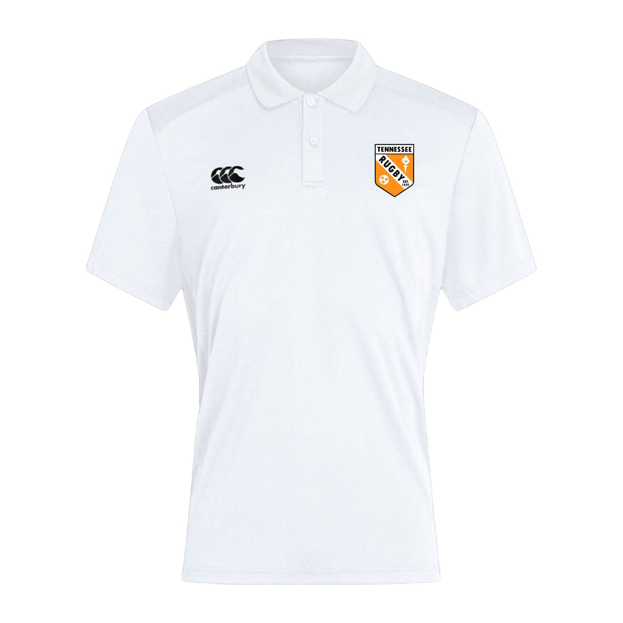 The University of Tennessee Club Dry Polo by EMB Canterbury features the brand logo on the right chest and Tennessee Rugby badge on the left, with Vapodri tech for breathability—ideal for active wear.