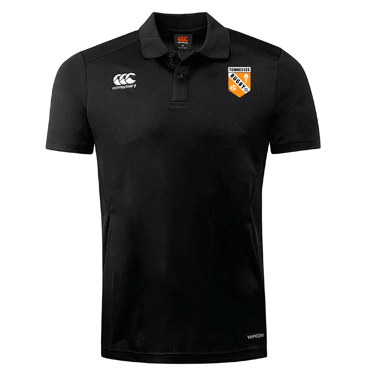 The EMB Canterbury University of Tennessee Club Dry Polo is a black, breathable, short-sleeve polo with a collar, Vapodri technology, Canterbury logo on the right chest, and Tennessee Rugby crest on the left.