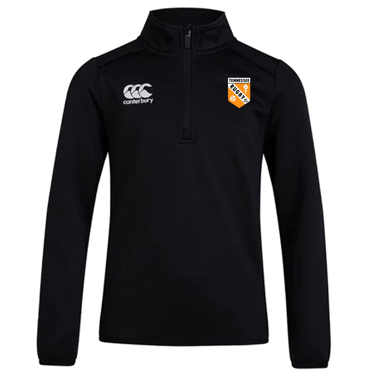 The EMB Canterbury University of Tennessee Club 1/4 Zip Mid Layer Training Top is a black, long-sleeve rugby top with a quarter zip, Canterbury logo on the right chest, and Tennessee Rugby badge on the left.