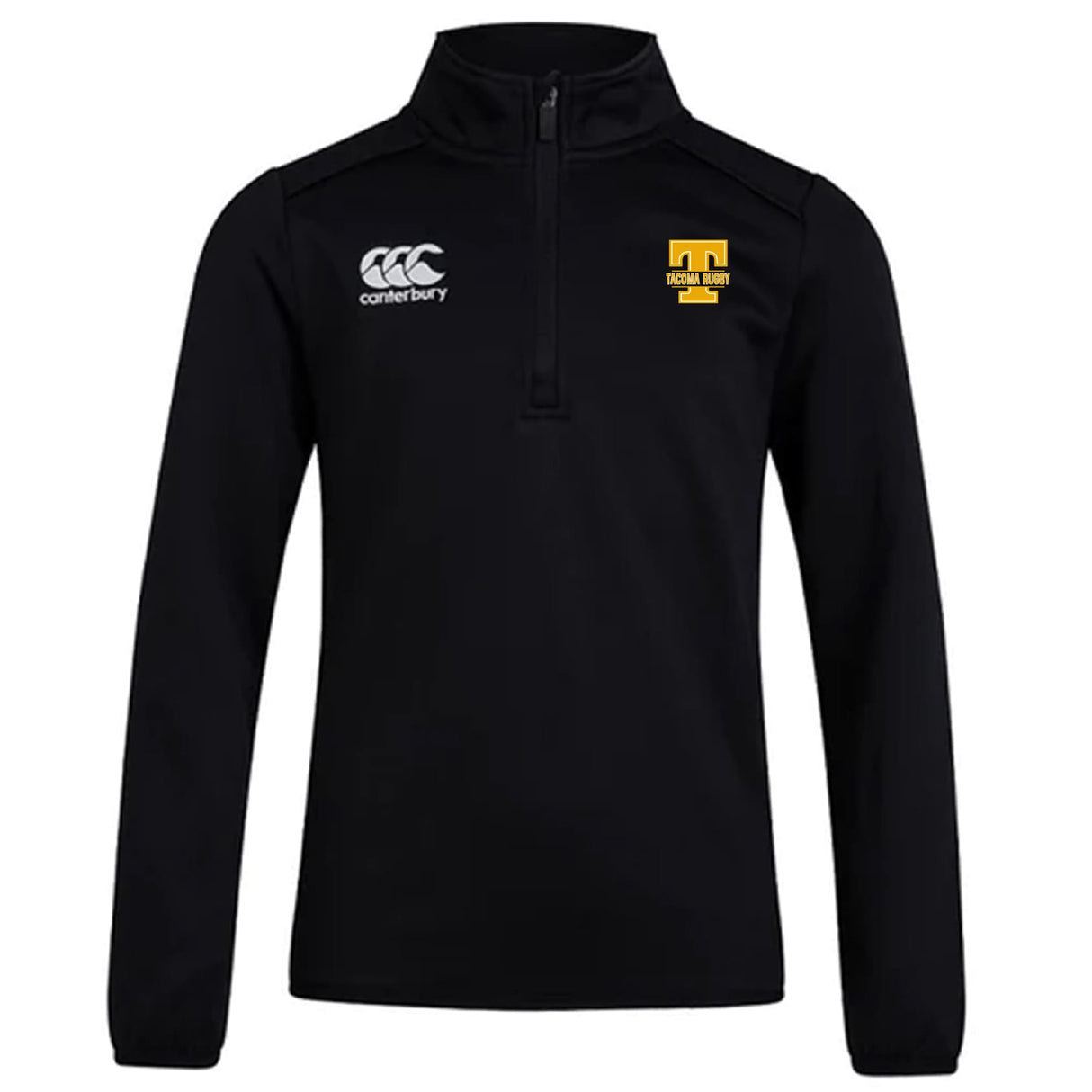 The Tacoma Tsunami Rugby Club 1/4 Zip Mid Layer Training Top by EMB Canterbury is a black rugby top with the Canterbury logo on the right chest and a yellow "T" with "Tacoma Rugby" on the left.