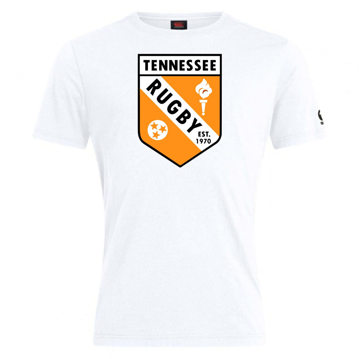The University of Tennessee Club Plain Tee by WRS Canterbury is a cotton blend white t-shirt with a shield-shaped Tennessee Rugby logo in orange, black, and white featuring “EST. 1970,” a torch, and a star.