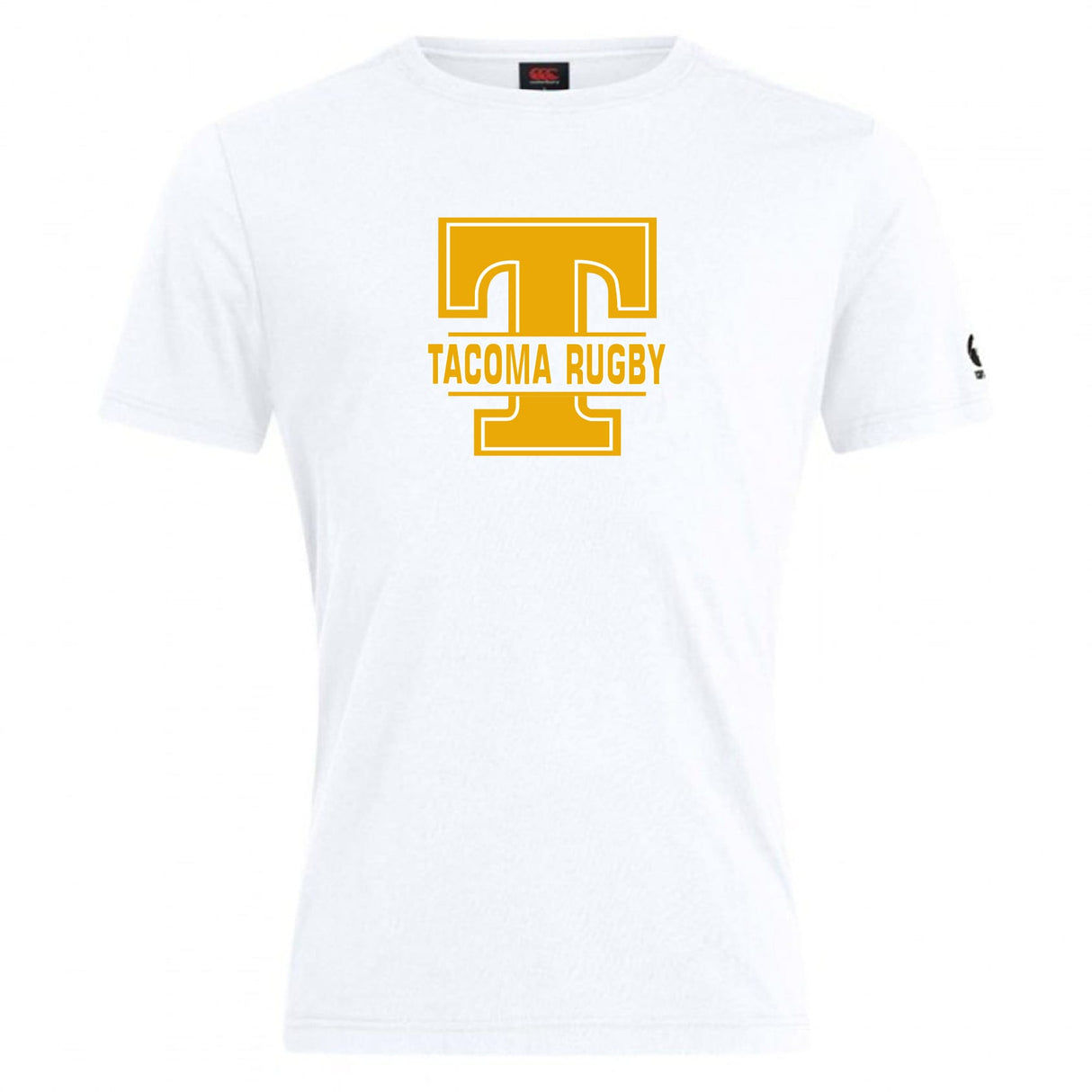 The Tacoma Tsunami Rugby Club Plain Tee by WRS Canterbury is a cotton blend white t-shirt with a large yellow "T" and "Tacoma Rugby" on the front.