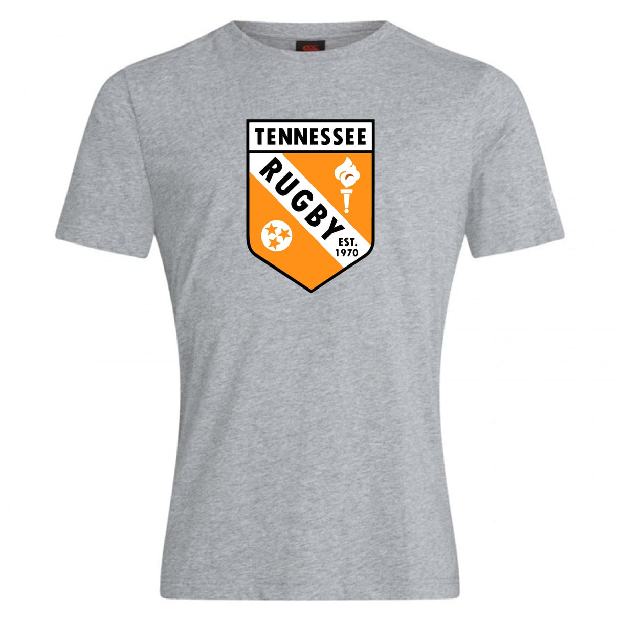 The University of Tennessee Club Plain Tee by WRS Canterbury is a light gray cotton blend shirt featuring a "Tennessee Rugby" logo with orange and black accents and "Est. 1970" on the front.