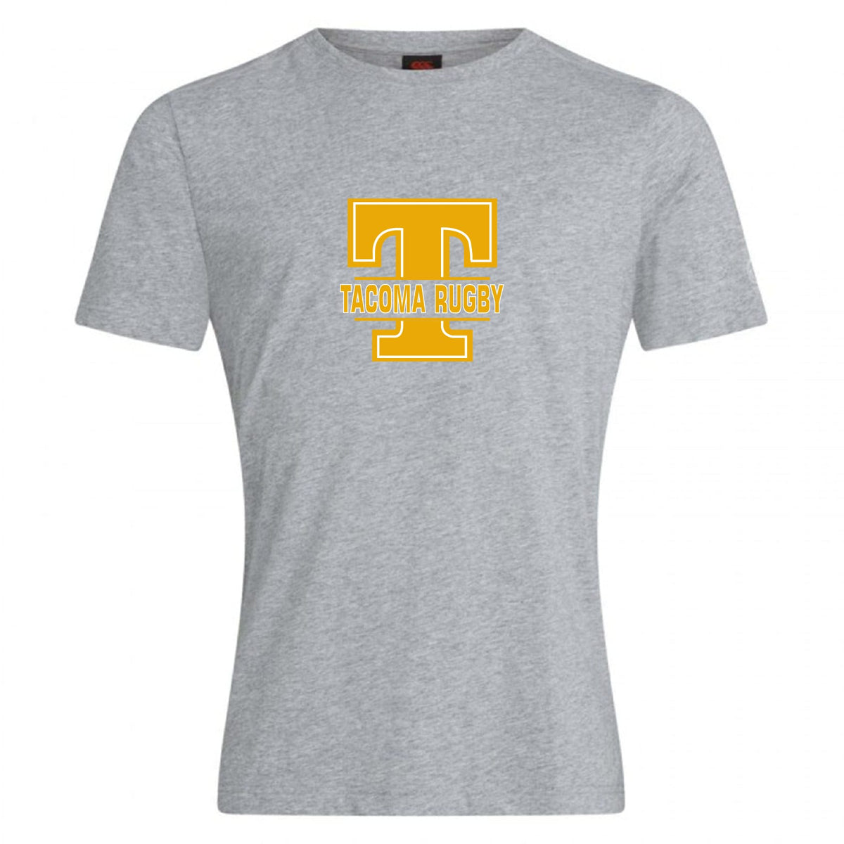 The Tacoma Tsunami Rugby Club Plain Tee by WRS Canterbury is a gray cotton blend short-sleeve t-shirt with a large yellow "T" and "TACOMA RUGBY" printed on the chest, combining comfort with sporty style.