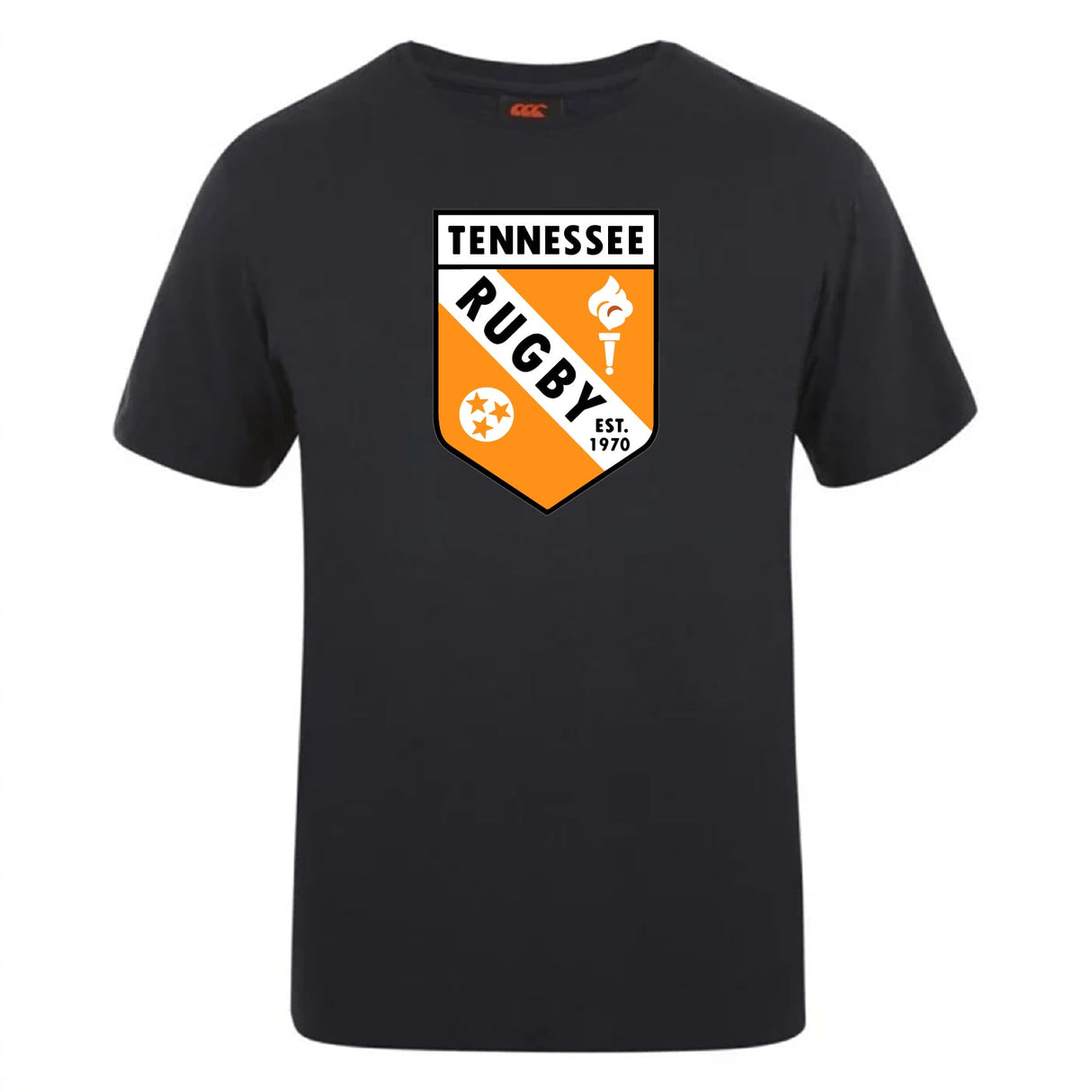 The University of Tennessee Club Plain Tee by WRS Canterbury is a black cotton blend t-shirt with a Tennessee Rugby orange and white logo, a torch, and "EST. 1970" on the front.