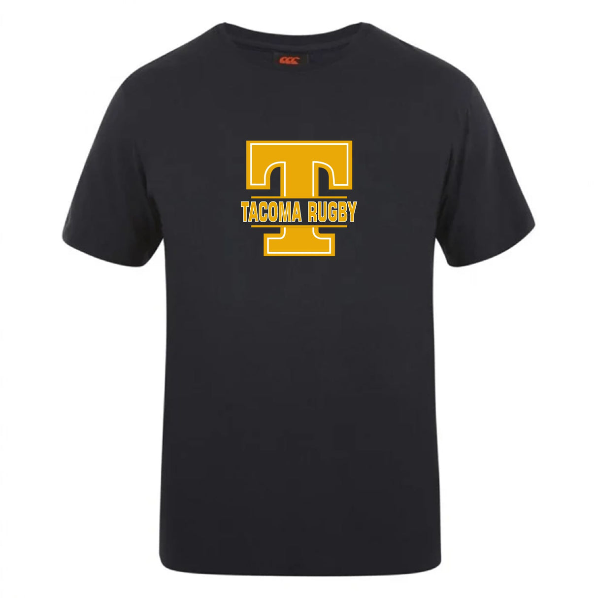 The Tacoma Tsunami Rugby Club Plain Tee by WRS Canterbury is a black cotton-blend shirt with a large yellow "T" and "Tacoma Rugby" in yellow text on the chest.