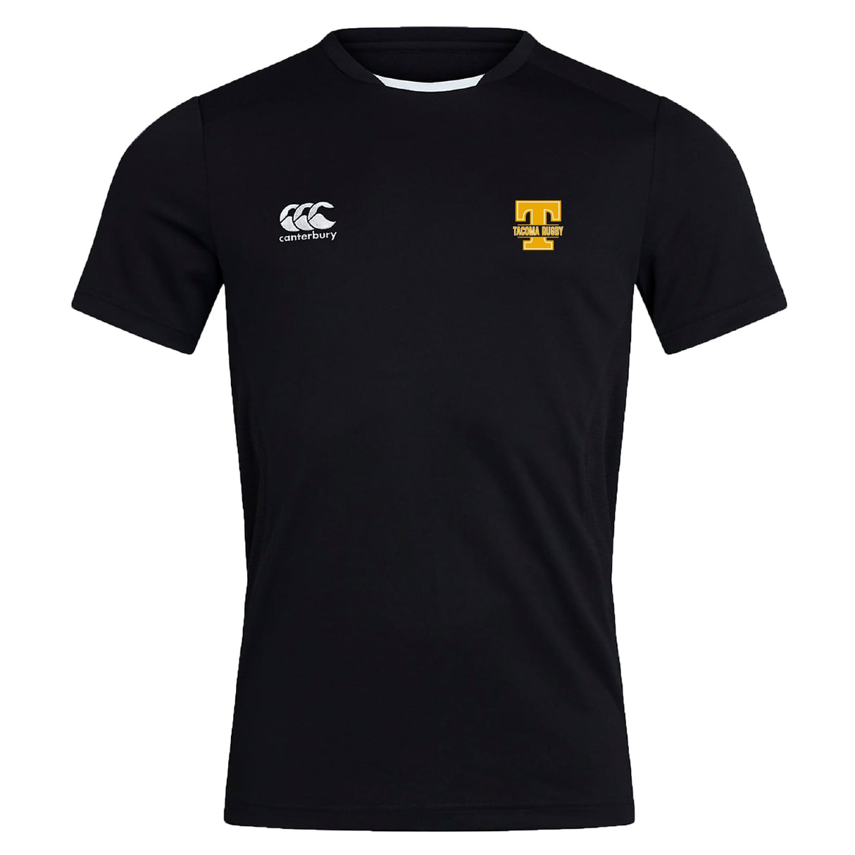 The EMB Canterbury Tacoma Tsunami Rugby Club Dry Tee is a black short-sleeve athletic shirt with the Canterbury logo on the left chest and a yellow "T" Tacoma Rugby logo on the right, made with Vapodri Technology to keep you cool and dry.