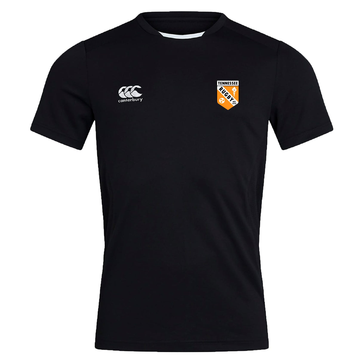 The University of Tennessee Club Dry Tee by EMB Canterbury is a black, short-sleeve breathable workout shirt with a white Canterbury logo on the right chest and a Tennessee Rugby badge on the left.