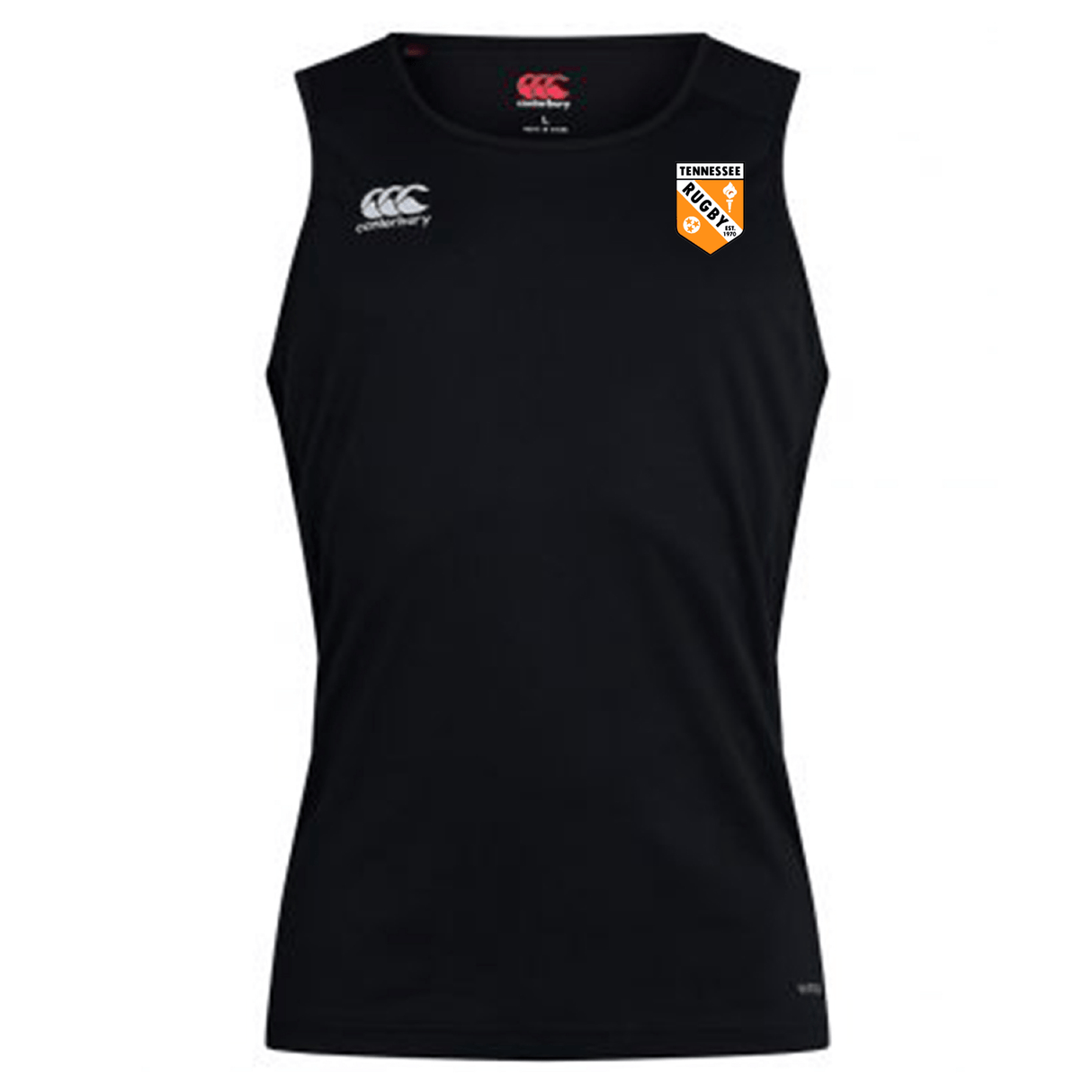 The University of Tennessee Club Dry Singlet by EMB Canterbury is a sleeveless black athletic top with Vapodri Technology, featuring the Canterbury logo on the right chest and a Tennessee Rugby badge on the left—ideal for intense training.