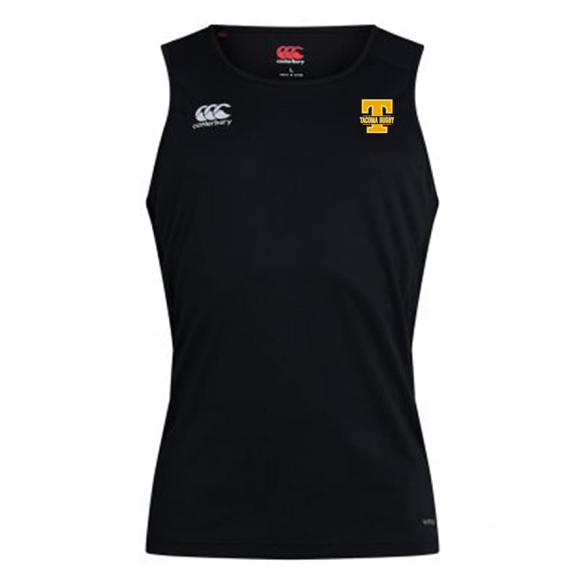 The Tacoma Tsunami Rugby Club Dry Singlet by EMB Canterbury is a black sleeveless top with Vapodri Technology, featuring a small white Canterbury logo on the right chest and a yellow Tuscan Rugby logo on the left.