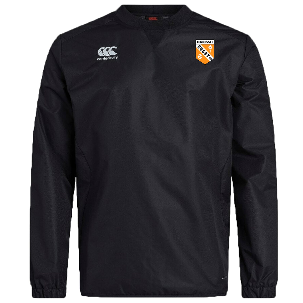 The EMB Canterbury University of Tennessee Club Vaposhield Contact Top is a black long-sleeve with wet weather protection, featuring the Canterbury logo on the right chest and the Tennessee Rugby club shield on the left.