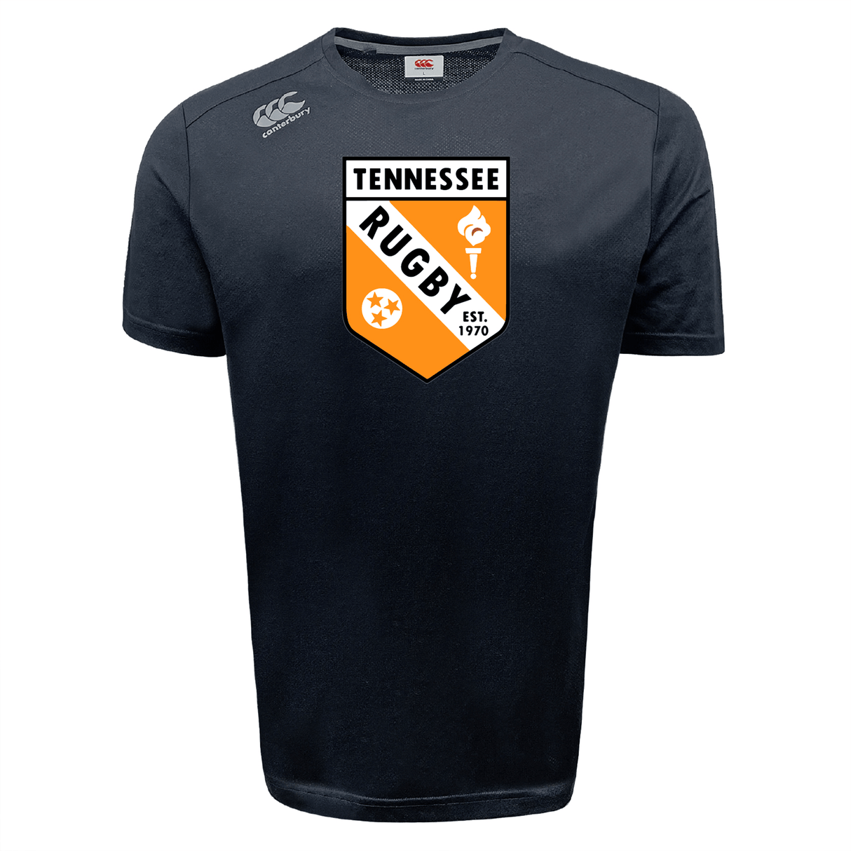The University of Tennessee Tempo Vapodri T-Shirt by WRS Canterbury is a black, short-sleeve athletic tee with a "Tennessee Rugby Est. 1970" crest on the front, offering moisture-wicking comfort and performance design.