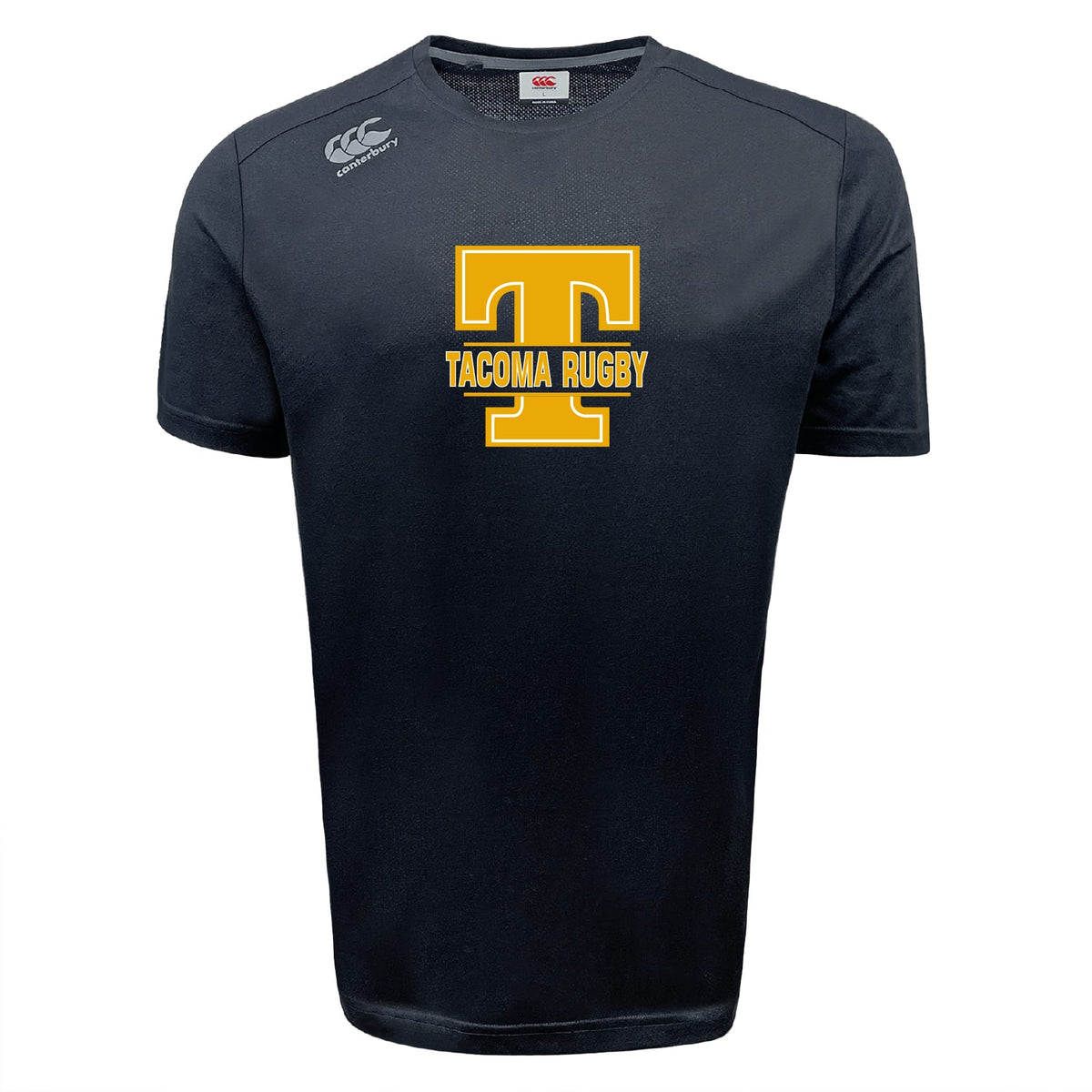 The Tacoma Tsunami Rugby Tempo Vapodri T-Shirt by WRS Canterbury features a black short-sleeve design, gold "T" and "TACOMA RUGBY" front text, moisture-wicking fabric, and the Canterbury logo on the right shoulder.