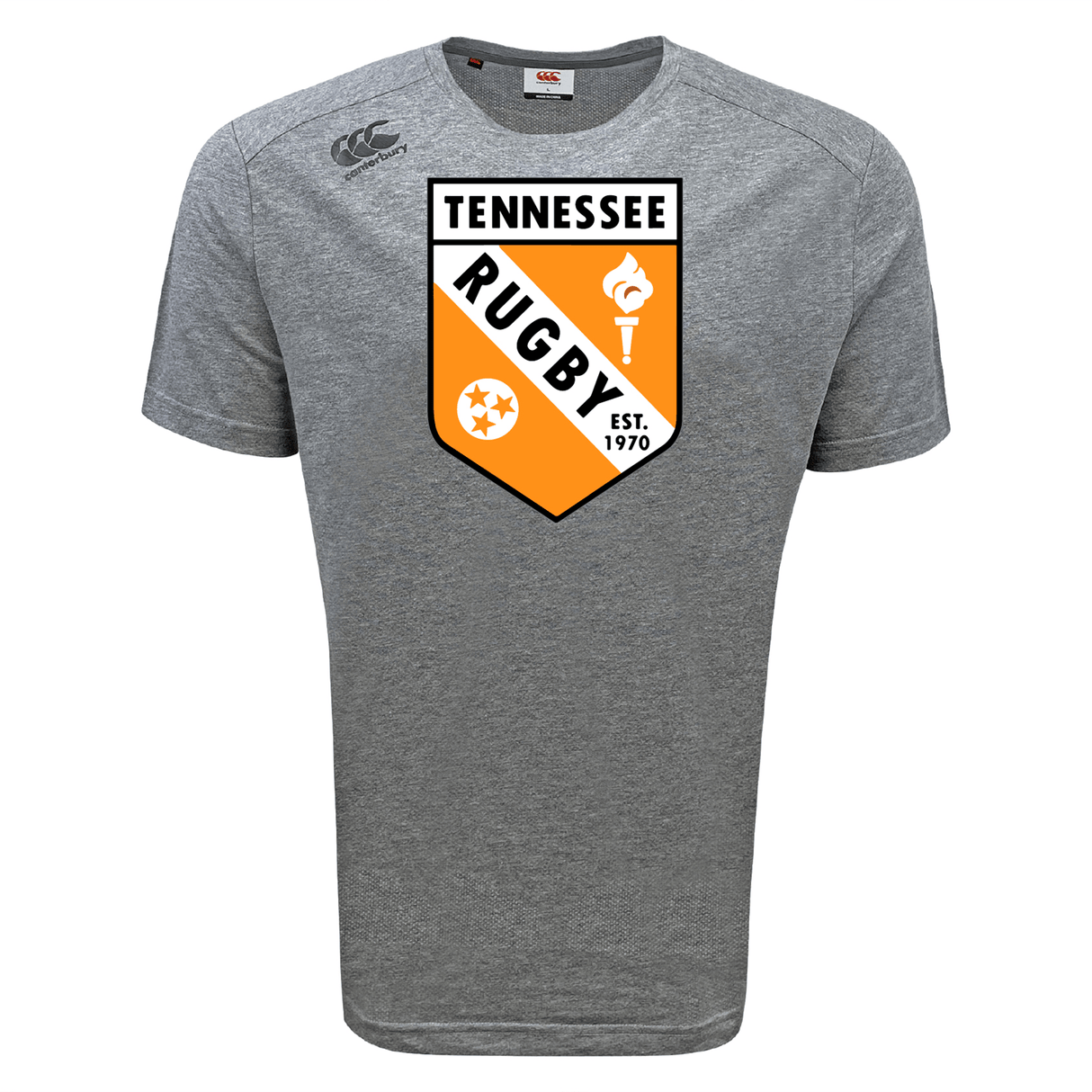 The University of Tennessee Tempo Vapodri T-Shirt by WRS Canterbury features a large Tennessee Rugby crest in black, orange, and white with "EST. 1970"—a moisture-wicking sports tee designed for peak athletic performance.
