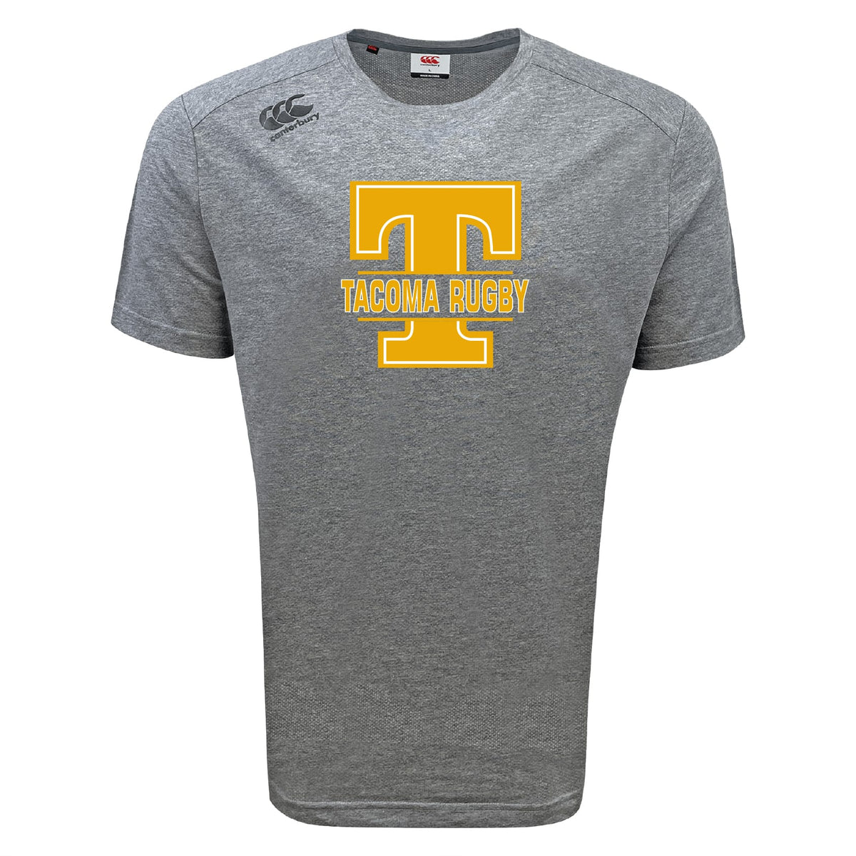 The Tacoma Tsunami Rugby Tempo Vapodri T-Shirt by WRS Canterbury is a gray short-sleeve athletic shirt with a bold yellow "T", "TACOMA RUGBY" on the front, and a small logo on the right shoulder.