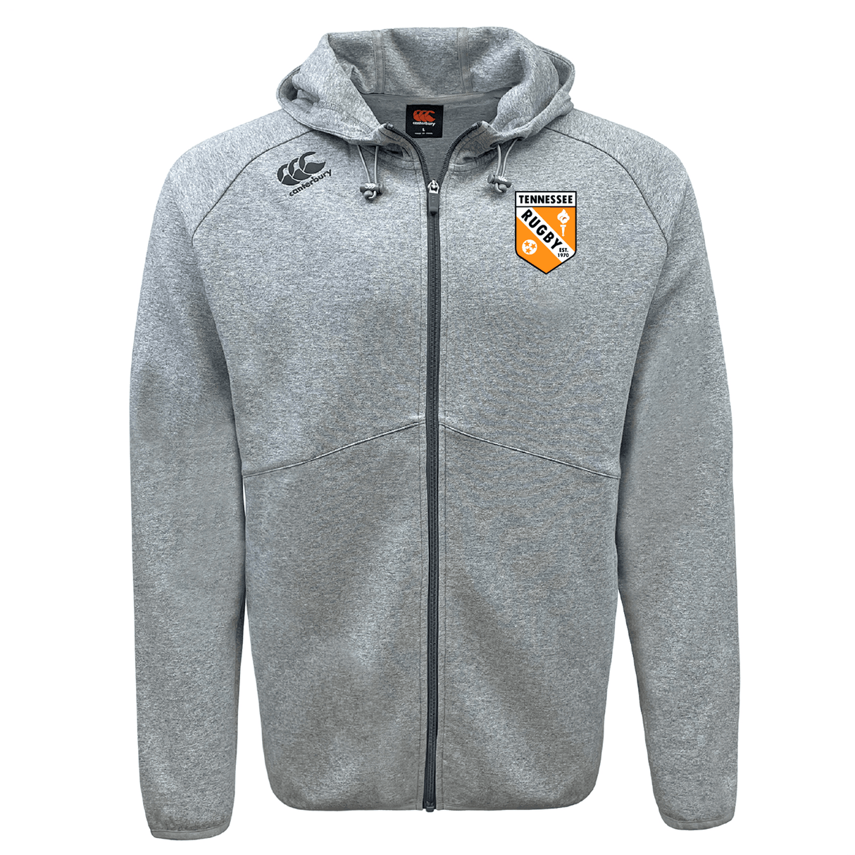 The University of Tennessee Tempo Vapodri Full-Zip Hoodie by EMB Canterbury features moisture-wicking fabric, a hood, the Canterbury logo on the right chest, and a Tennessee Rugby emblem on the left.
