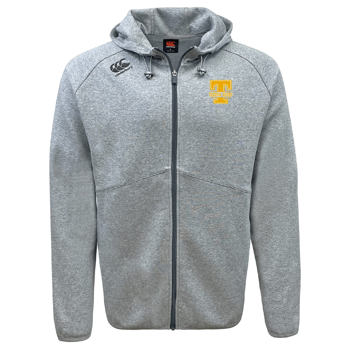 The Tacoma Tsunami Rugby Tempo Vapodri Full-Zip Hoodie by EMB Canterbury is a light gray hoodie with a hood, drawstrings, side pockets, long sleeves, black and yellow embroidered logos, and moisture-wicking fabric for comfort.