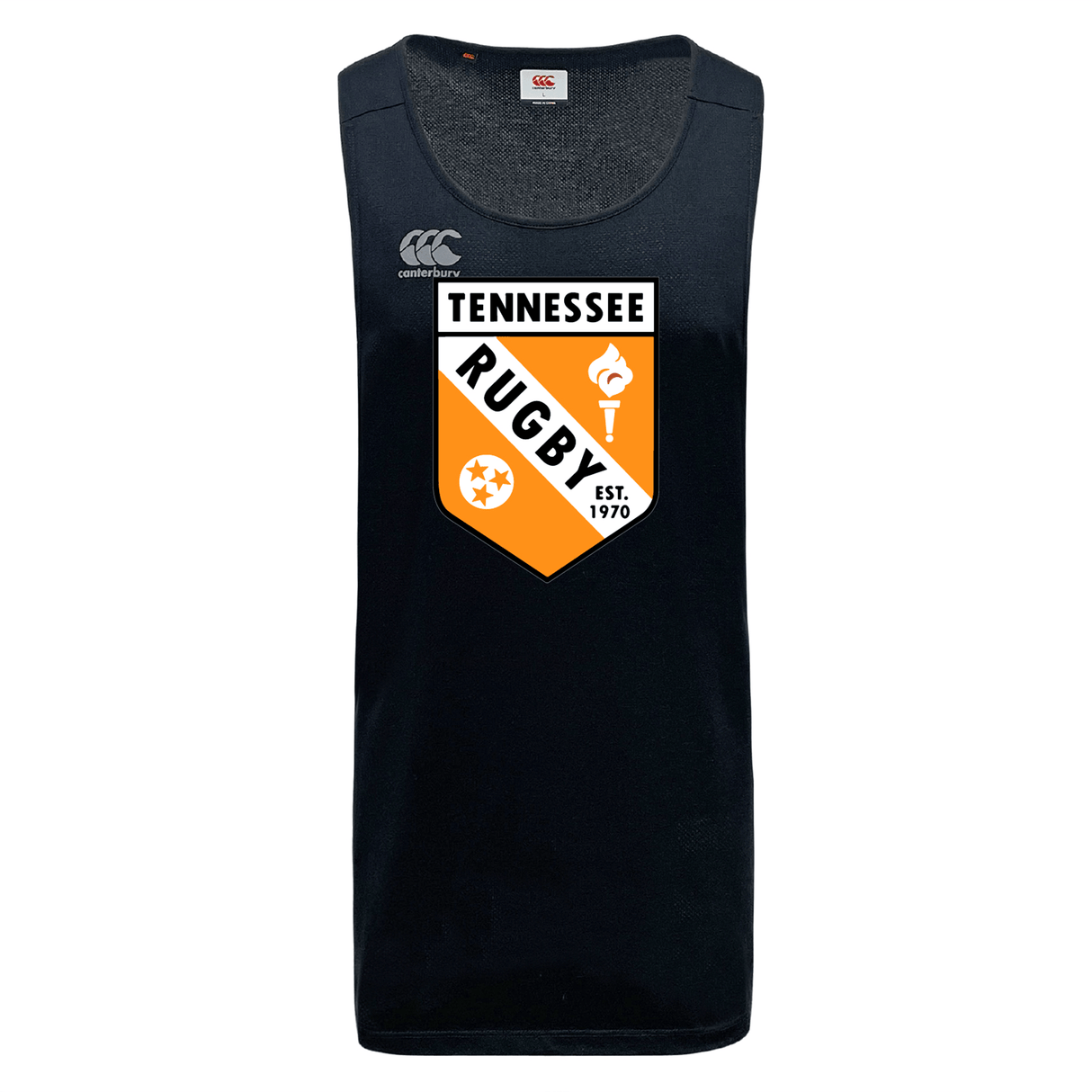 The University of Tennessee Tempo Vapodri Singlet by WRS Canterbury is a black rugby tank with "Tennessee Rugby" and an orange-white shield, torch, and "Est. 1970" on the front, made from recycled polyester for comfort and performance.