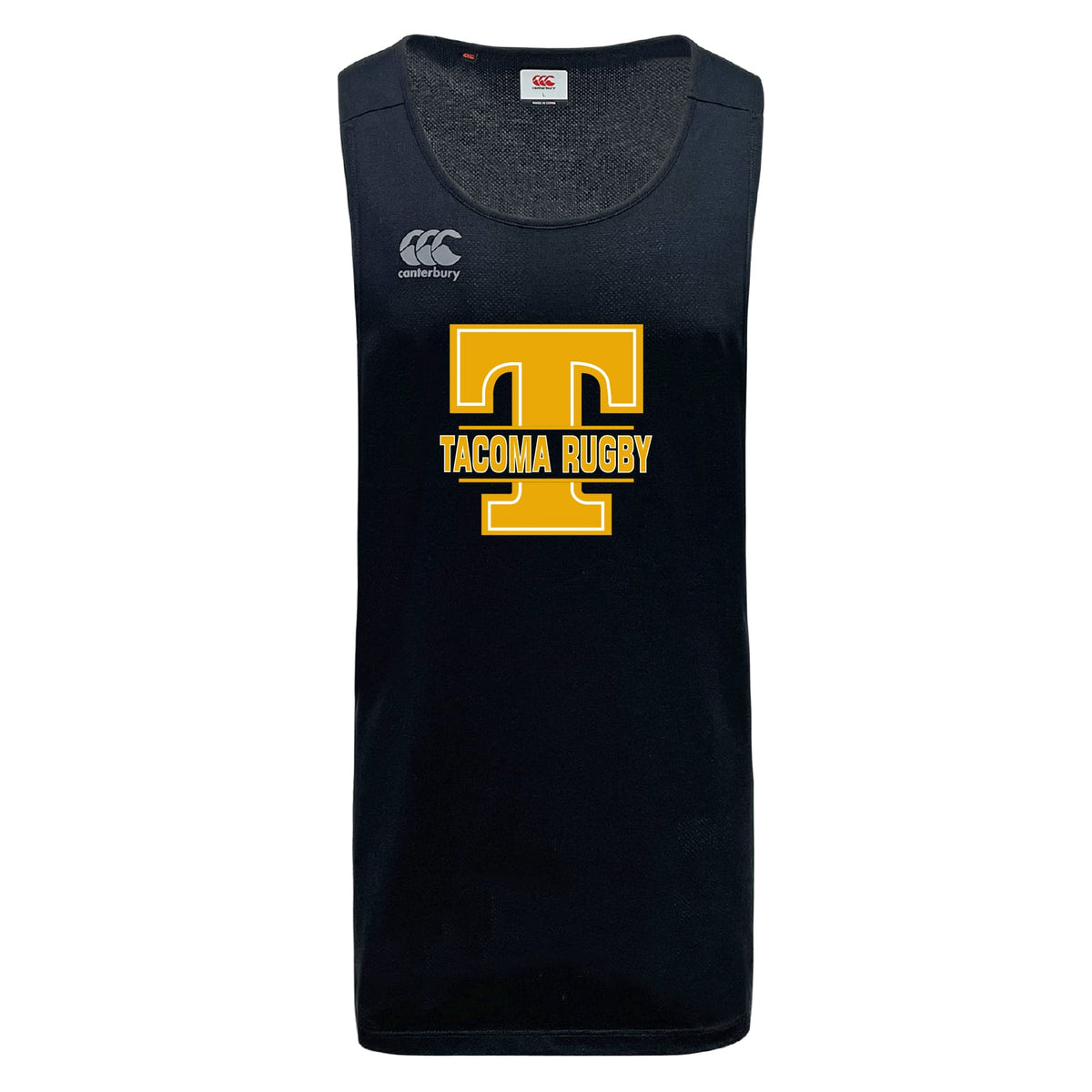 The Tacoma Tsunami Rugby Tempo Vapodri Singlet by WRS Canterbury is a black sleeveless jersey with a large yellow "T" over "Tacoma Rugby," made from recycled polyester and featuring VapoDri tech plus the Canterbury logo.