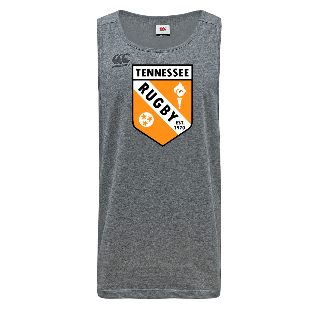 The University of Tennessee Tempo Vapodri Singlet by WRS Canterbury is a gray, sleeveless athletic shirt made from recycled polyester, featuring a prominent Tennessee Rugby crest (est. 1970) on the front.