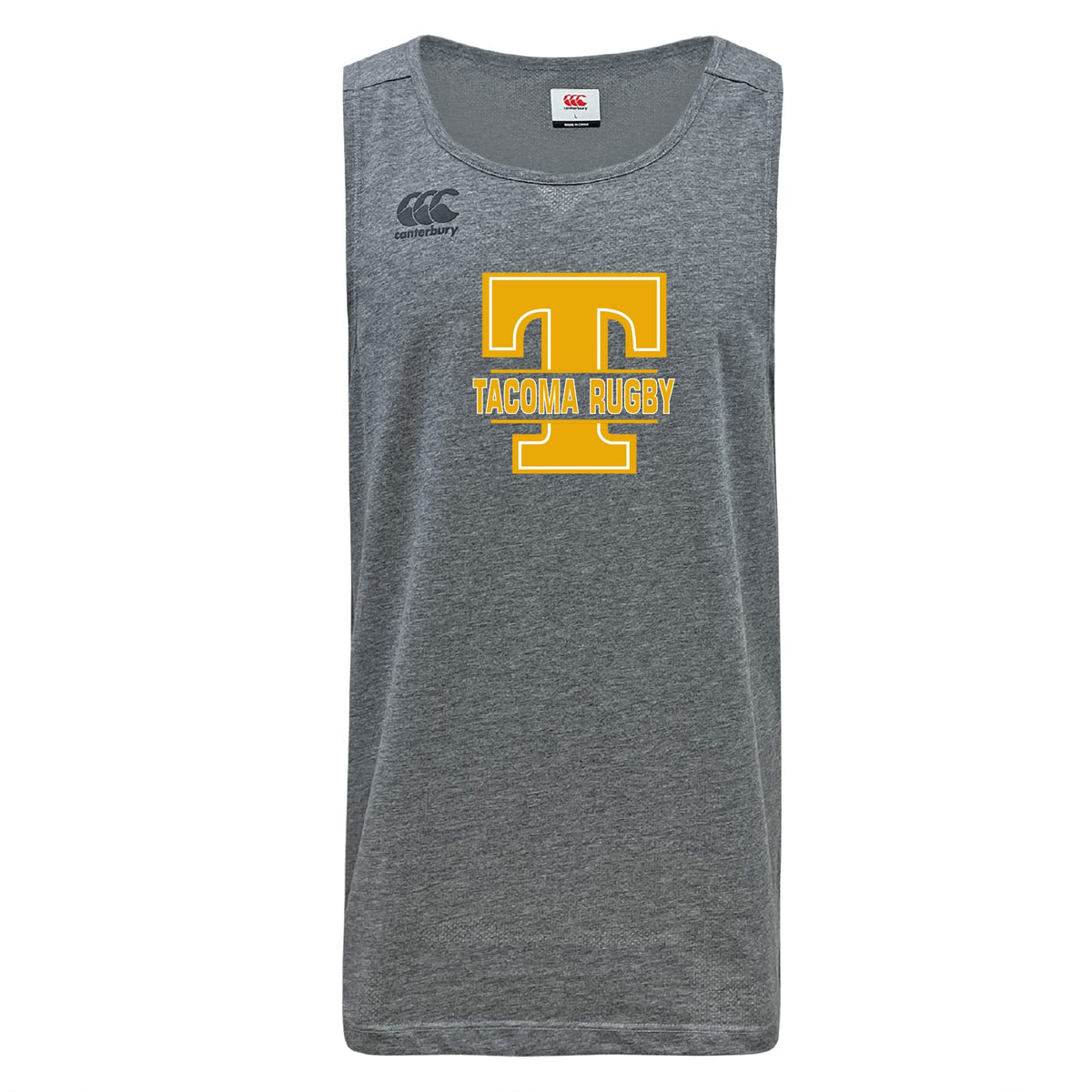 The Tacoma Tsunami Rugby Tempo Vapodri Singlet by WRS Canterbury is a gray sleeveless top with a large yellow "T" and "Tacoma Rugby" on the front, crafted from recycled polyester with VapoDri tech. Black Canterbury logo on left shoulder.