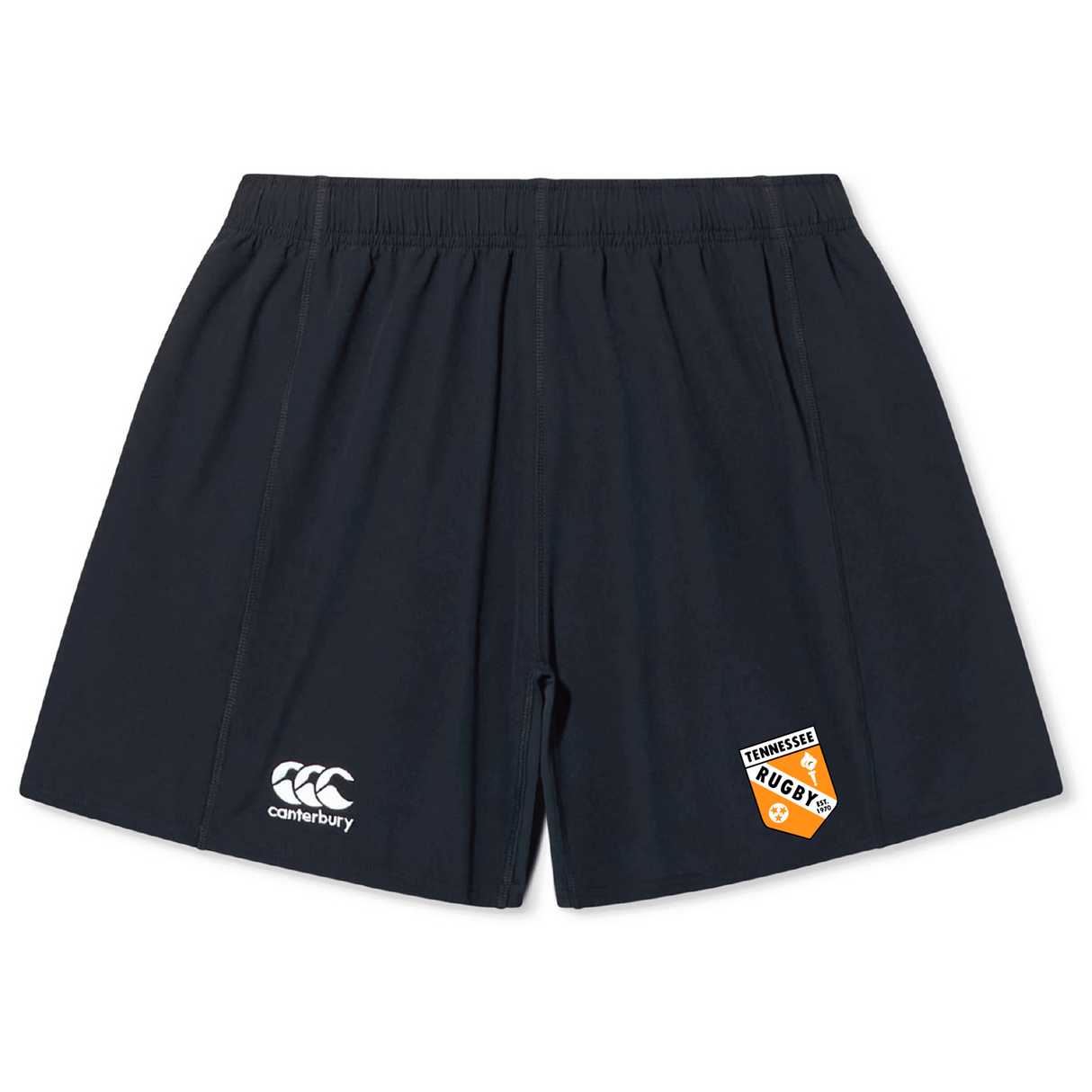 The University of Tennessee Yokohama Short by EMB Canterbury features lightweight, durable black fabric, an elastic waistband, a white Canterbury logo on the left leg, and a Tennessee Rugby badge on the right.