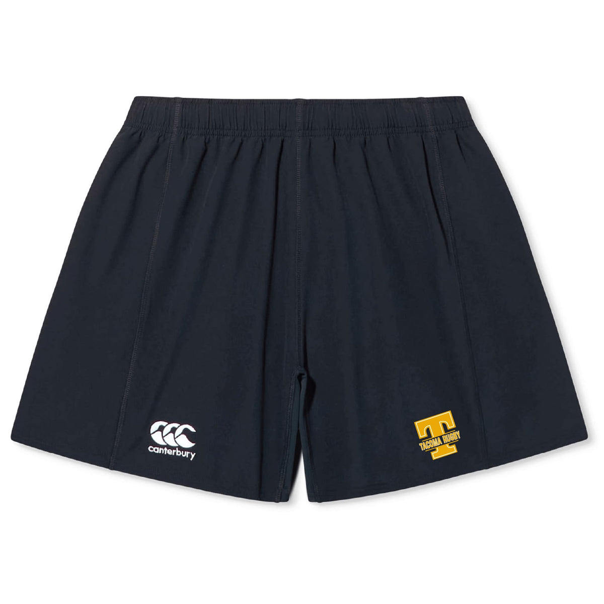 The Tacoma Tsunami Rugby Yokohama Short by EMB Canterbury features navy blue lightweight, durable fabric, an elastic waistband, a white Canterbury logo on the left leg, and a yellow "T" Texas State logo on the right.