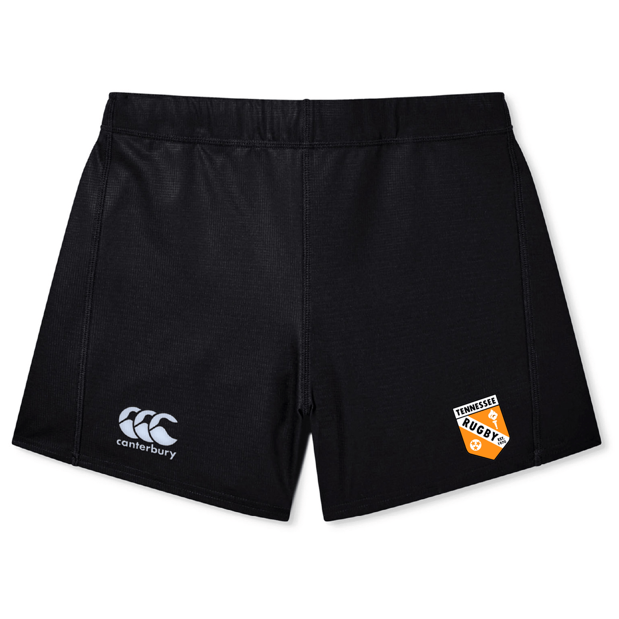 The EMB Canterbury University of Tennessee Women's Yokohama Short features a "Canterbury" logo on the left leg and a "Tennessee Rugby" patch on the right, displayed against a white background.