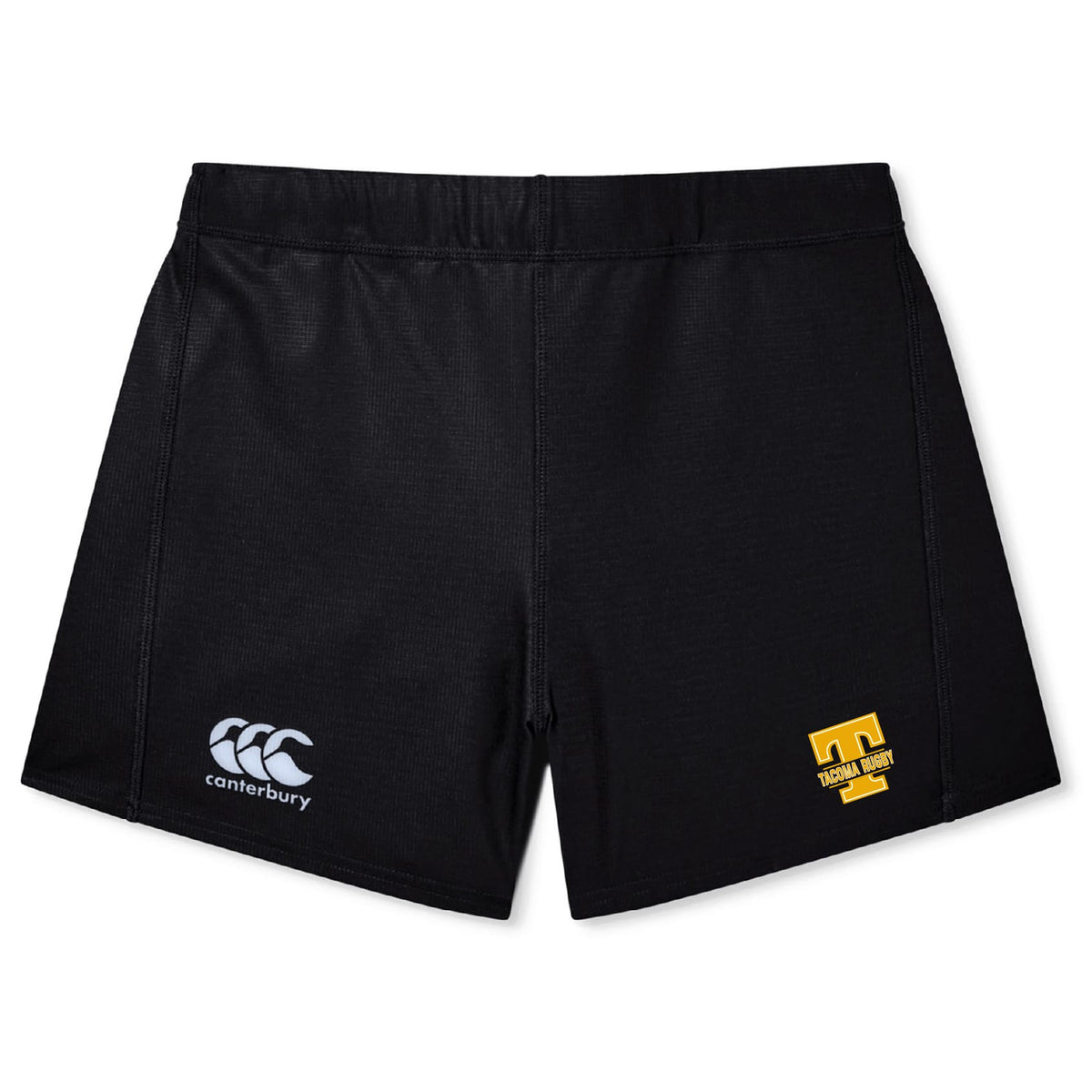 The Tacoma Tsunami Rugby Women's Yokohama Short by EMB Canterbury features the iconic logo on the left leg and a yellow "T" with "Taranaki Rugby" text on the right, perfect for women rugby fans or players.