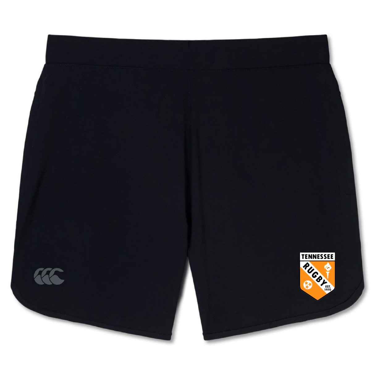 The University of Tennessee Women's Elite Woven Short by EMB Canterbury features the Canterbury logo, Tennessee Rugby badge, and zippered pockets for secure storage.